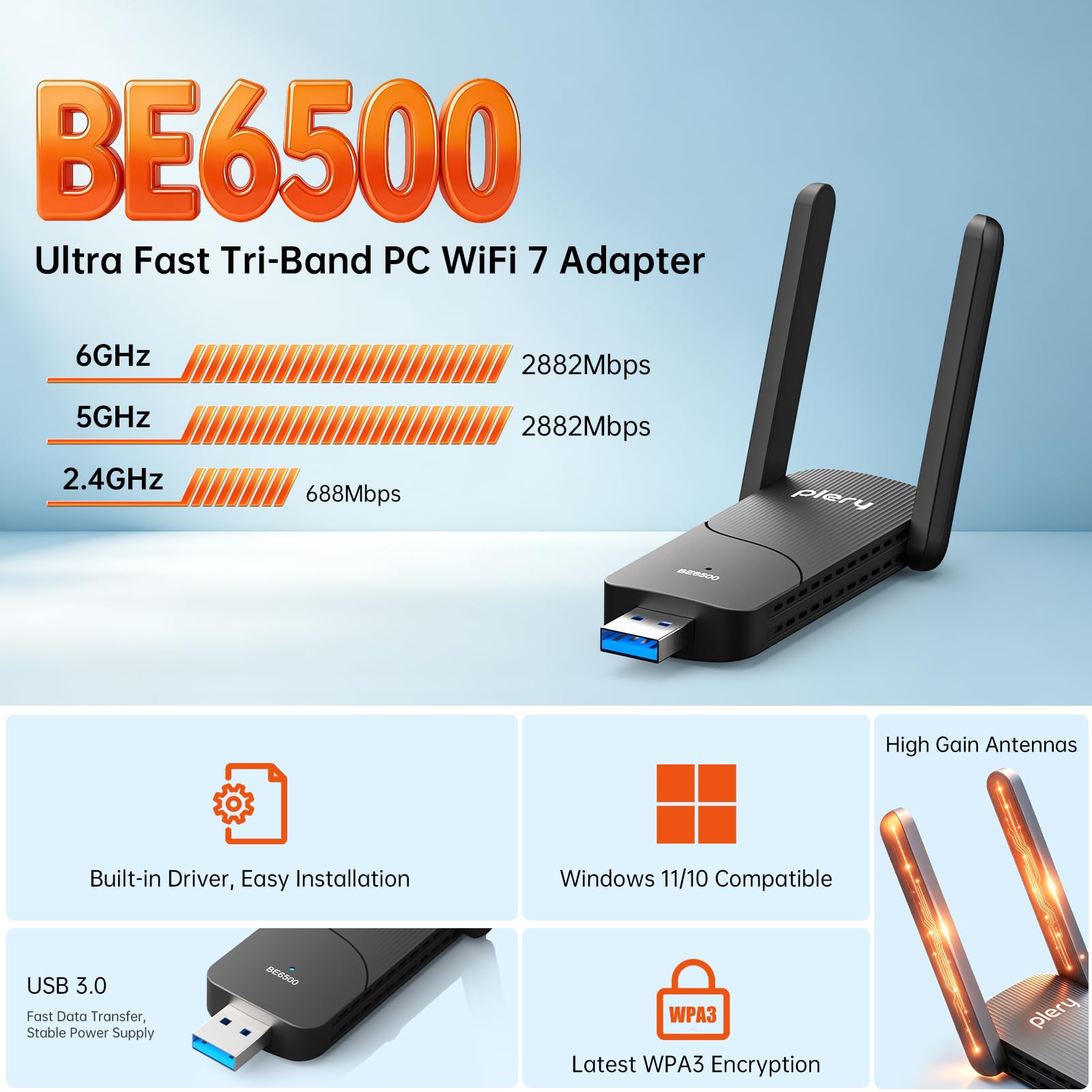 BE6500 Adaptateur WiFi 7 USB pour PC, tri-bande 6 GHz/5 GHz/2,4 GHz
