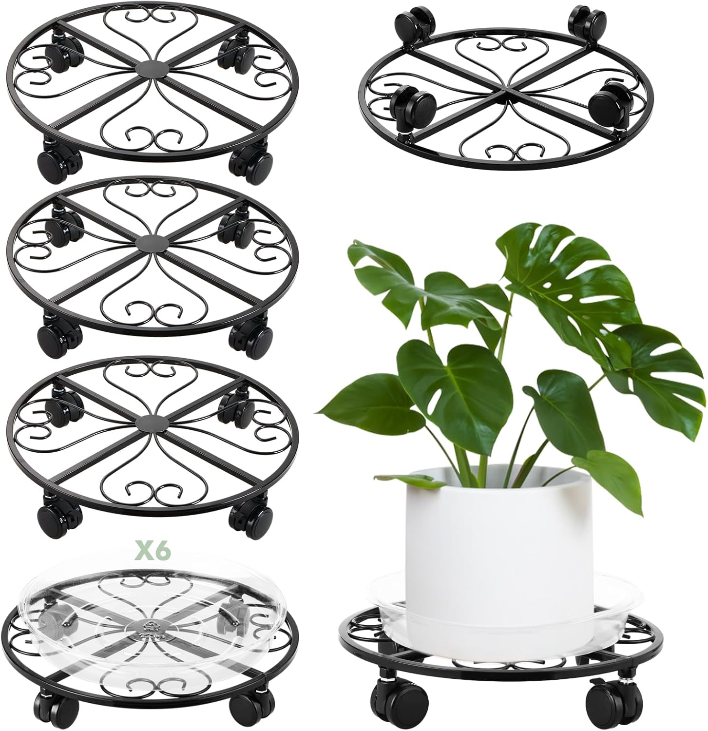 6 Pack Metal Plant Stand with Wheels 13.5 Inch Plant Caddy with Wheels Heavy Duty Wrought Iron Rolling Plant Stand Plant Dolly Plant Rollers Plant Cart Plant Mover with 6 Pack Plant Saucers Black - 6 Pack 13.5"