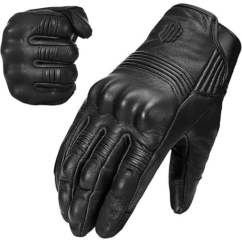 ILM Goatskin Leather Motorcycle Motorbike Powersports Racing Gloves Touchscreen for Men and Women Model DN01(M, Black Unperforated)
