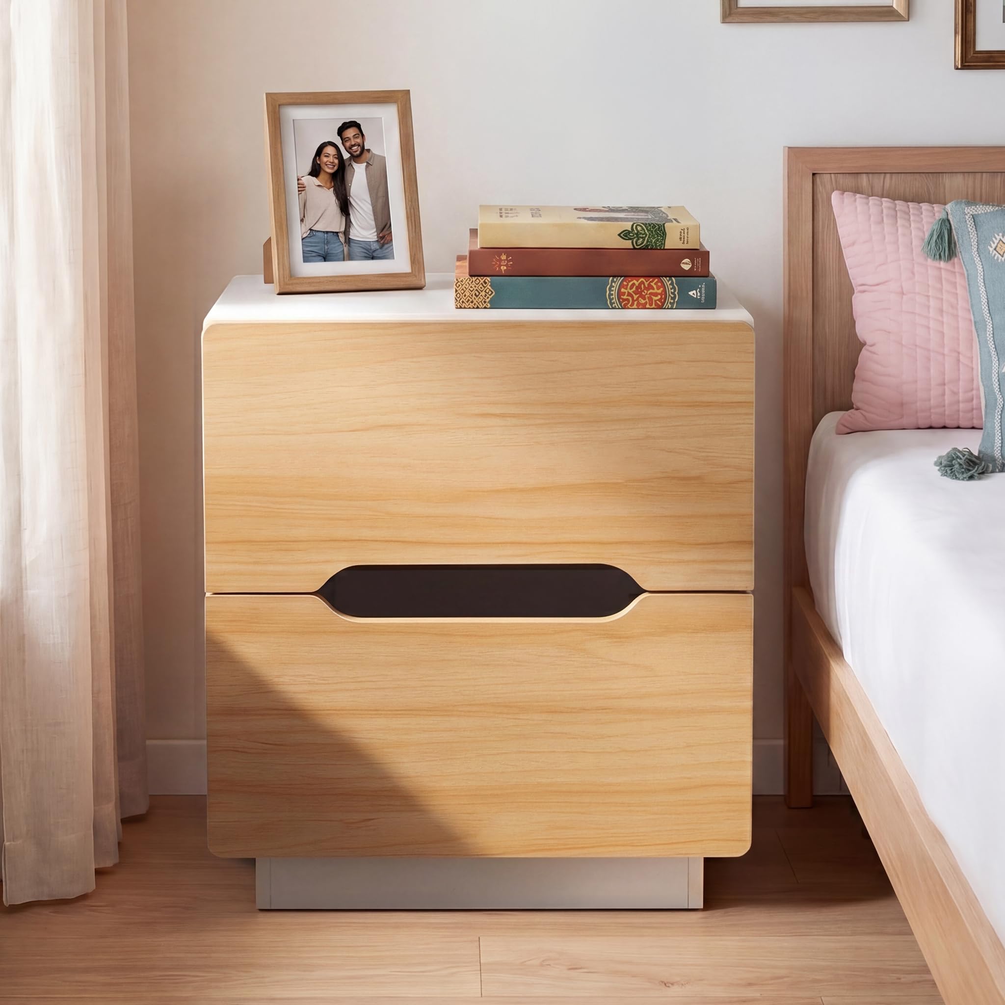 Decor & More Bedside Table with 2 Drawers | Wooden Nightstand for Bedroom with Smooth Sliding Drawers & Open Storage Shelf | Space-Saving Side Table for Living Room | DIY