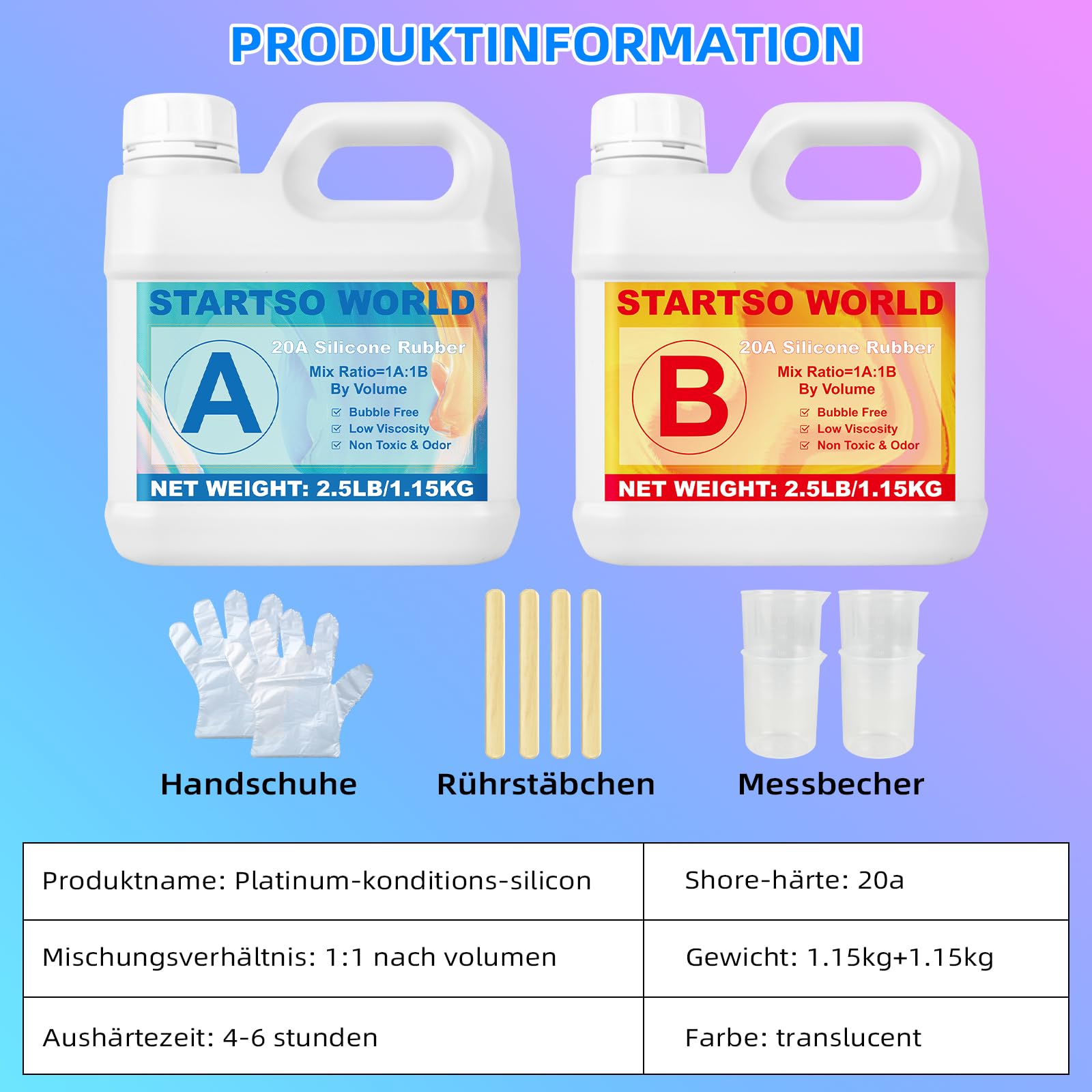STARTSO WORLD Abformsilikon, 2L 20A Flüssiges Silikon/Gießsilikon, Transluzenter Silikonkautschuk für den Formenbau, ideal für DIY Harzformen, Kerzenform, Seifenform, Gießen, Basteln