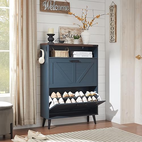 Miniatura 9 de Armario de almacenamiento de zapatos, organizador de zapatos de granja con 2 cajones abatibles y diseño de puerta de granero, armario independiente