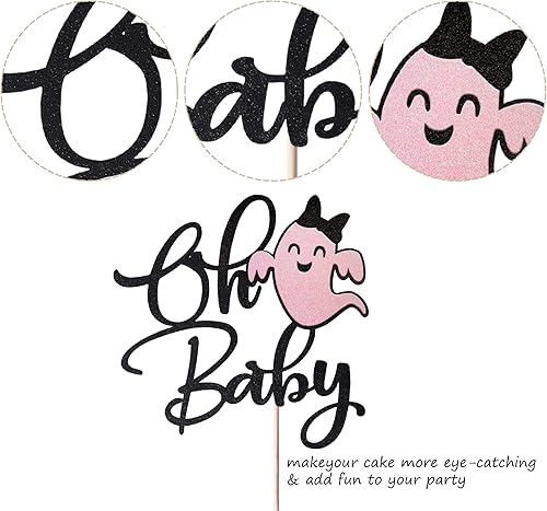 Miniatura 3 de Rsstarxi 1 paquete de decoración de pastel Ghost Oh Baby con lazo de purpurina Oh Baby Spooky Cake Pick para Halloween, tema de fantasma, revelación