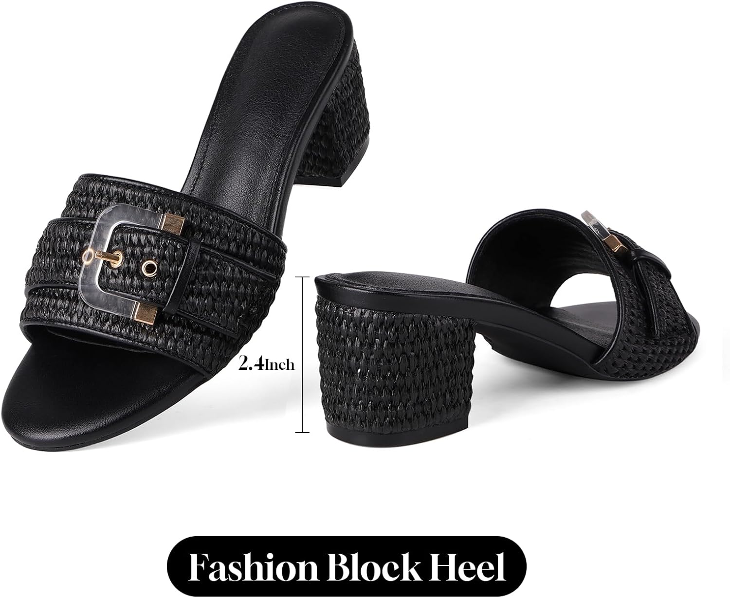 Women's Raffia Heeled Sandals Low Block Chunky Heel Sandals Open Toe Buckle Strap Beach Slip on Mules Summer Vacation Casual Dressy Shoes