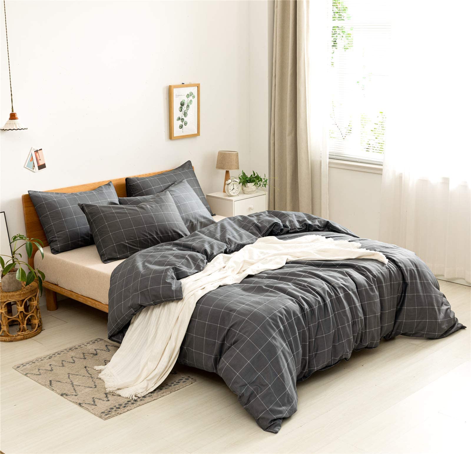 JELLYMONI 100% Natural Cotton 2pcs Plaid Duvet Cover Sets,White with Black Grid Geometric Pattern Printed Comforter Cover,with Zipper Closure & Corner Ties(Twin Size)