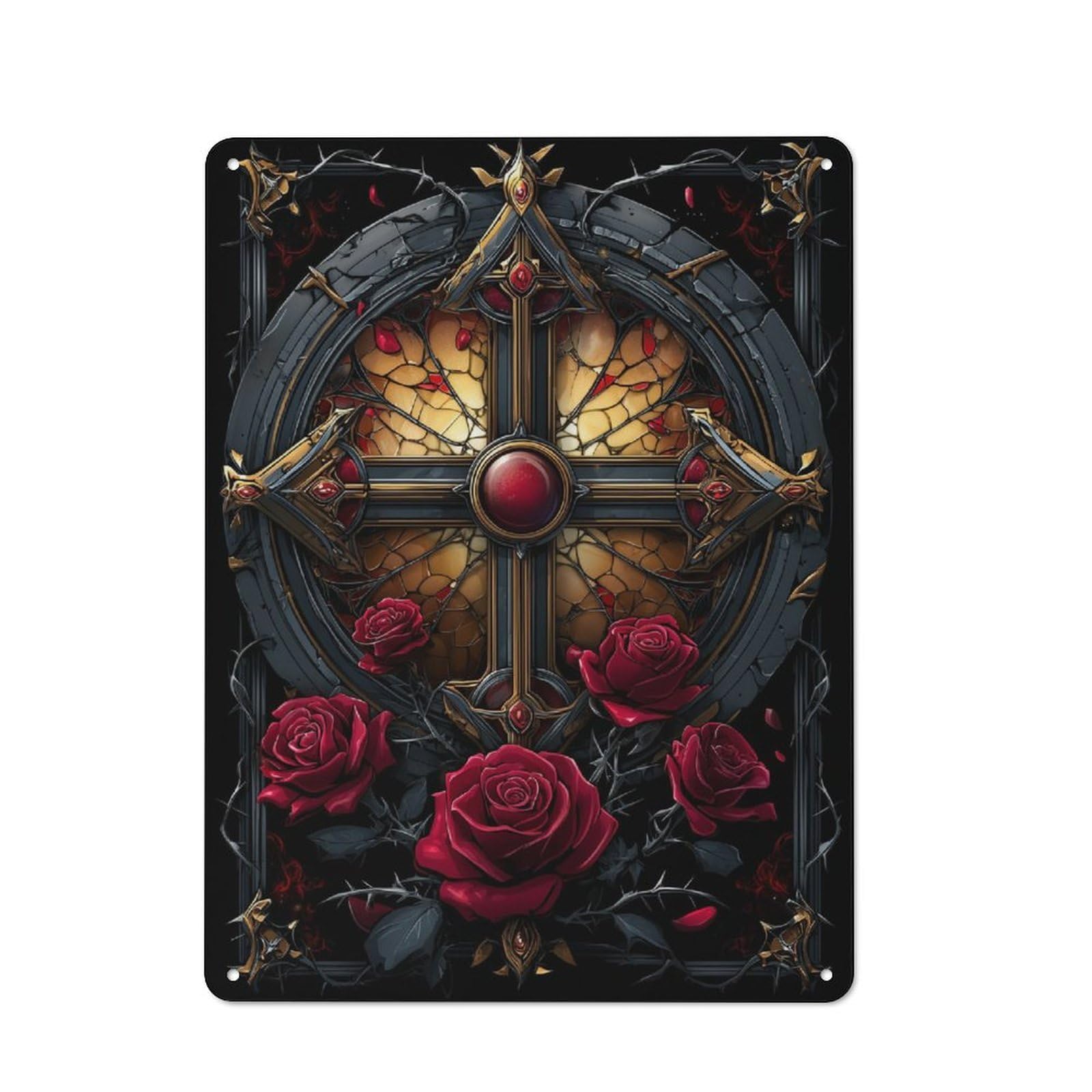 Junmoney Gothic Cross With Roses Artwork Smart Metal Wall Decor 40X30cm, Office Metal Sign For Office, Study, Studio Or Hallway