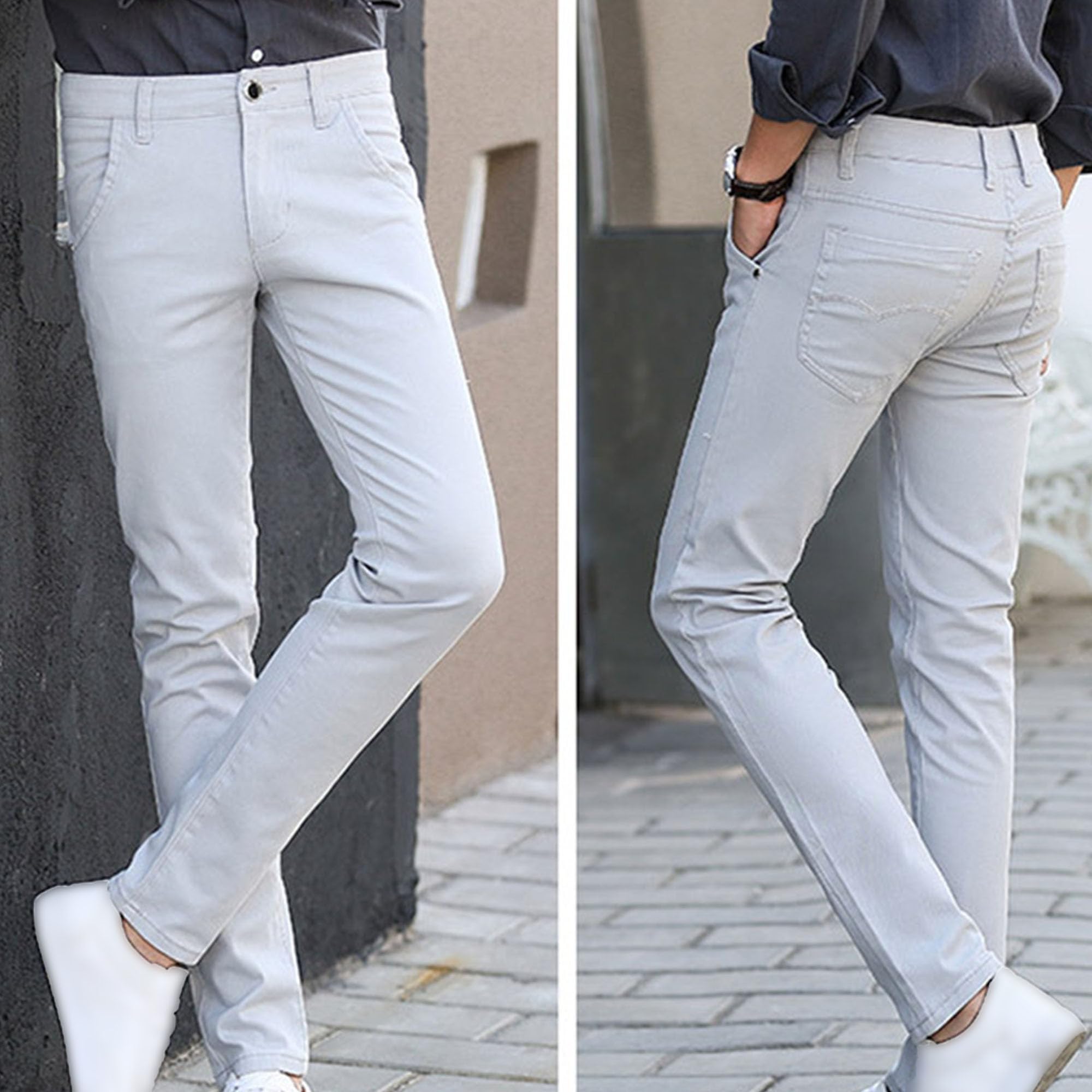 Men's Wrinkle Resistant Chino Pant Casual Men Straight Leg Pocket Stretch Trousers Slim Fit Flex Waist Pants (Grey,28)