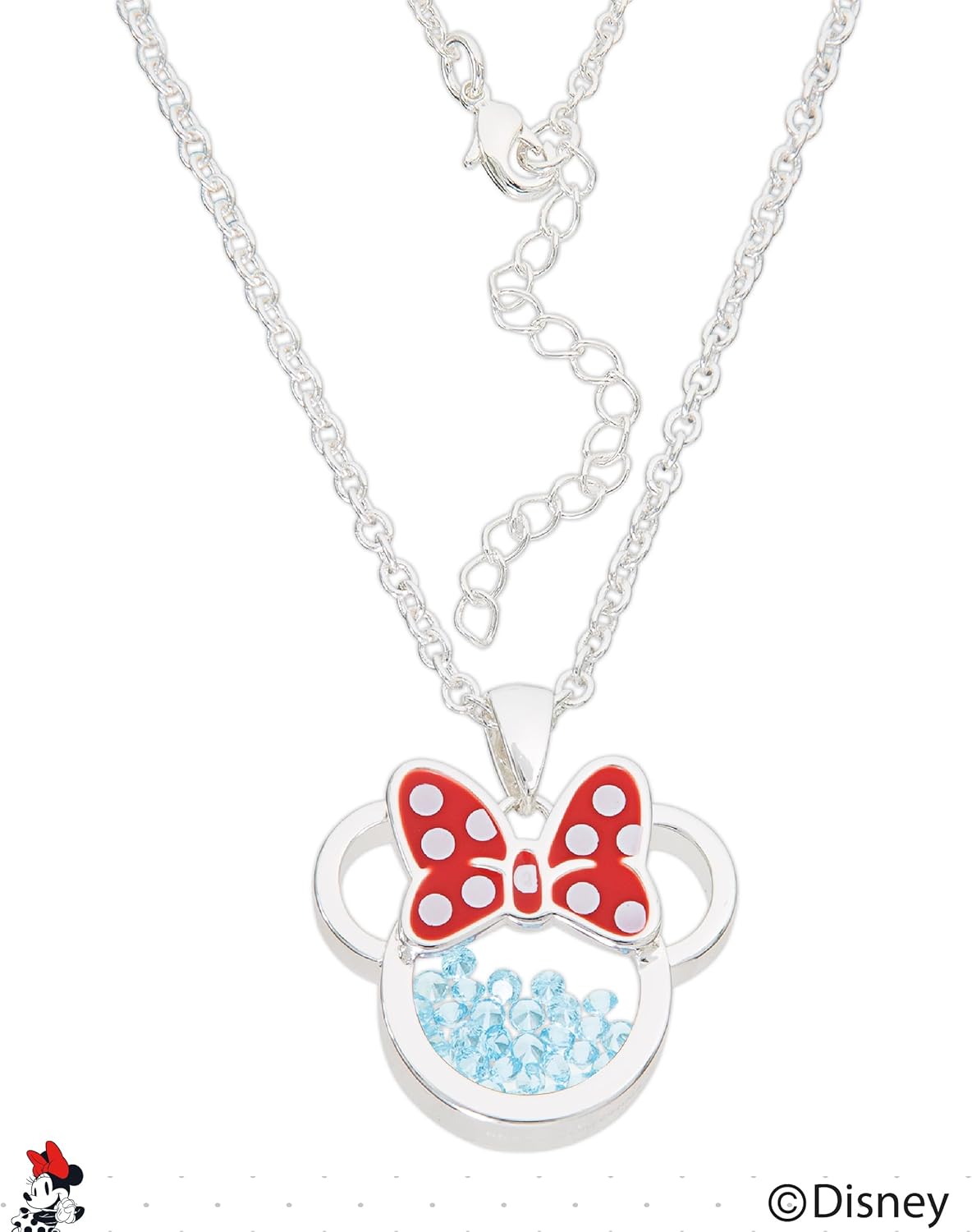 Disney Women and Birthstone Jewelry - Minnie Mouse Cubic Zirconia Shaker Pendant Necklace, Silver Plated, 18+2" Extender