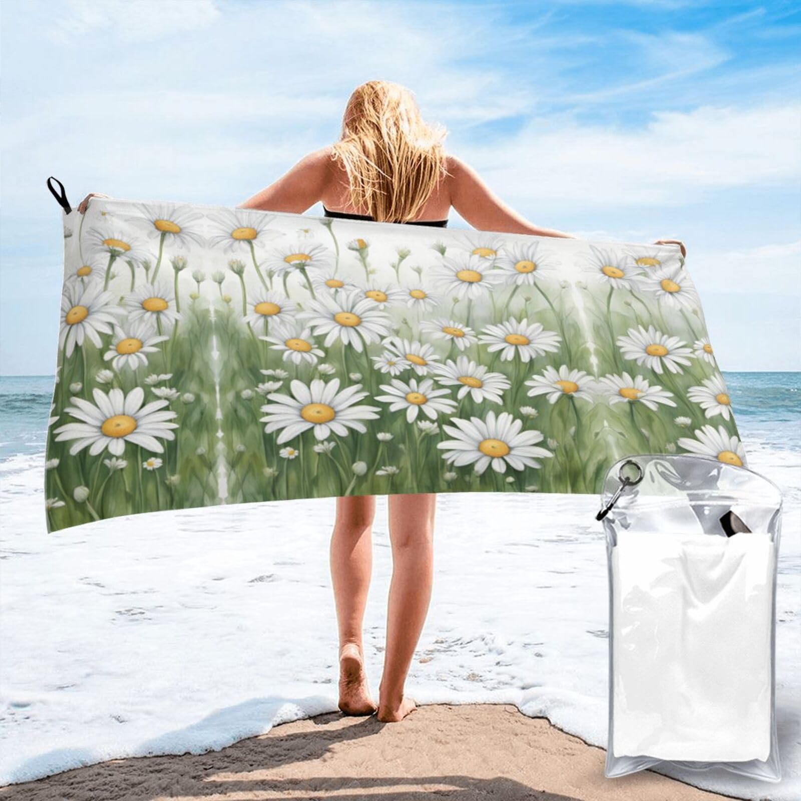 DIEzig White Daisy Print Beach Towel Fast Dry Thin For Holiday Vacation Cruise Gym Swimmers