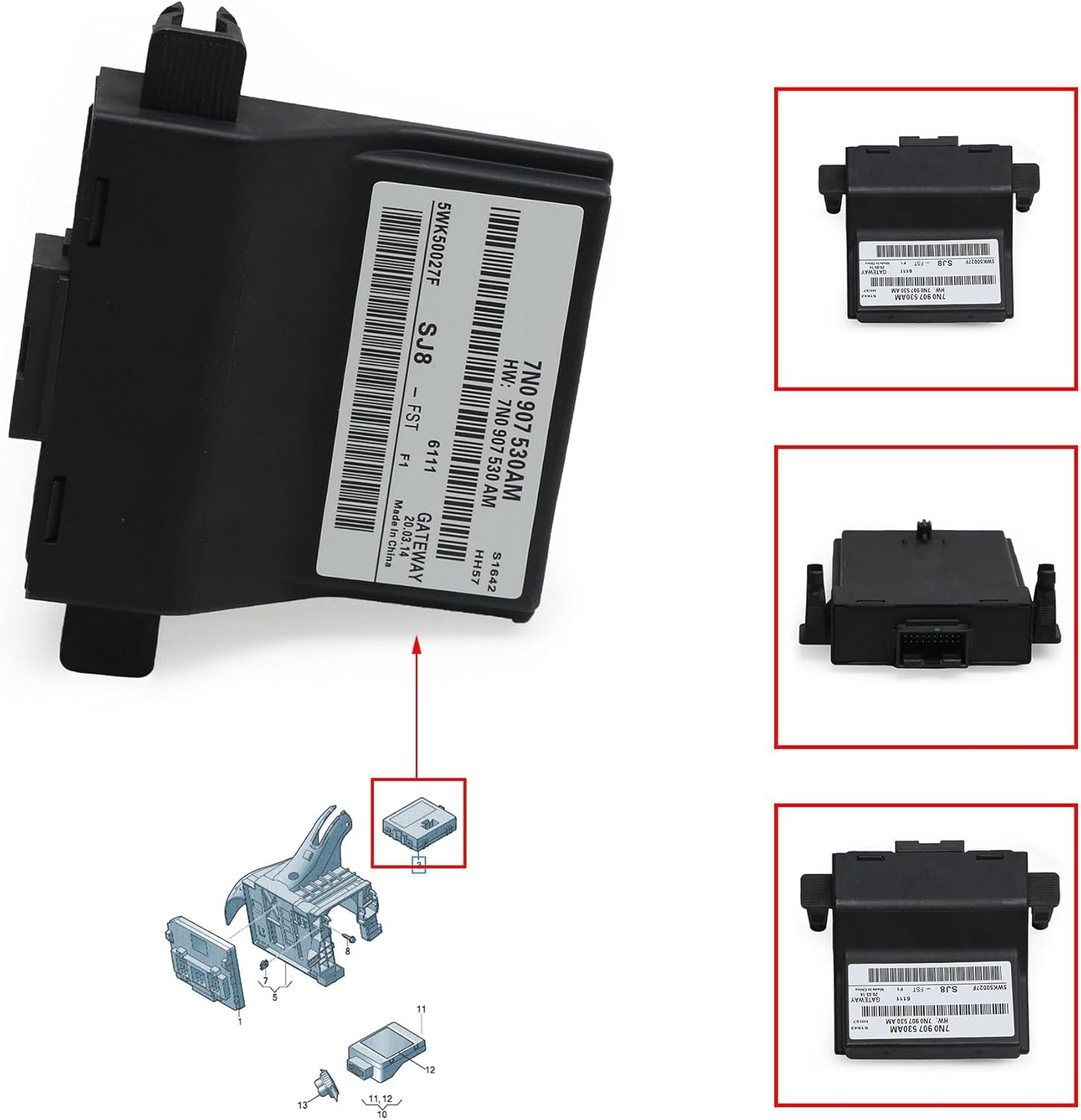 Multiple views of the Can Bus Gateway Control Unit, including an exploded diagram showing its placement within a vehicle's electrical system.