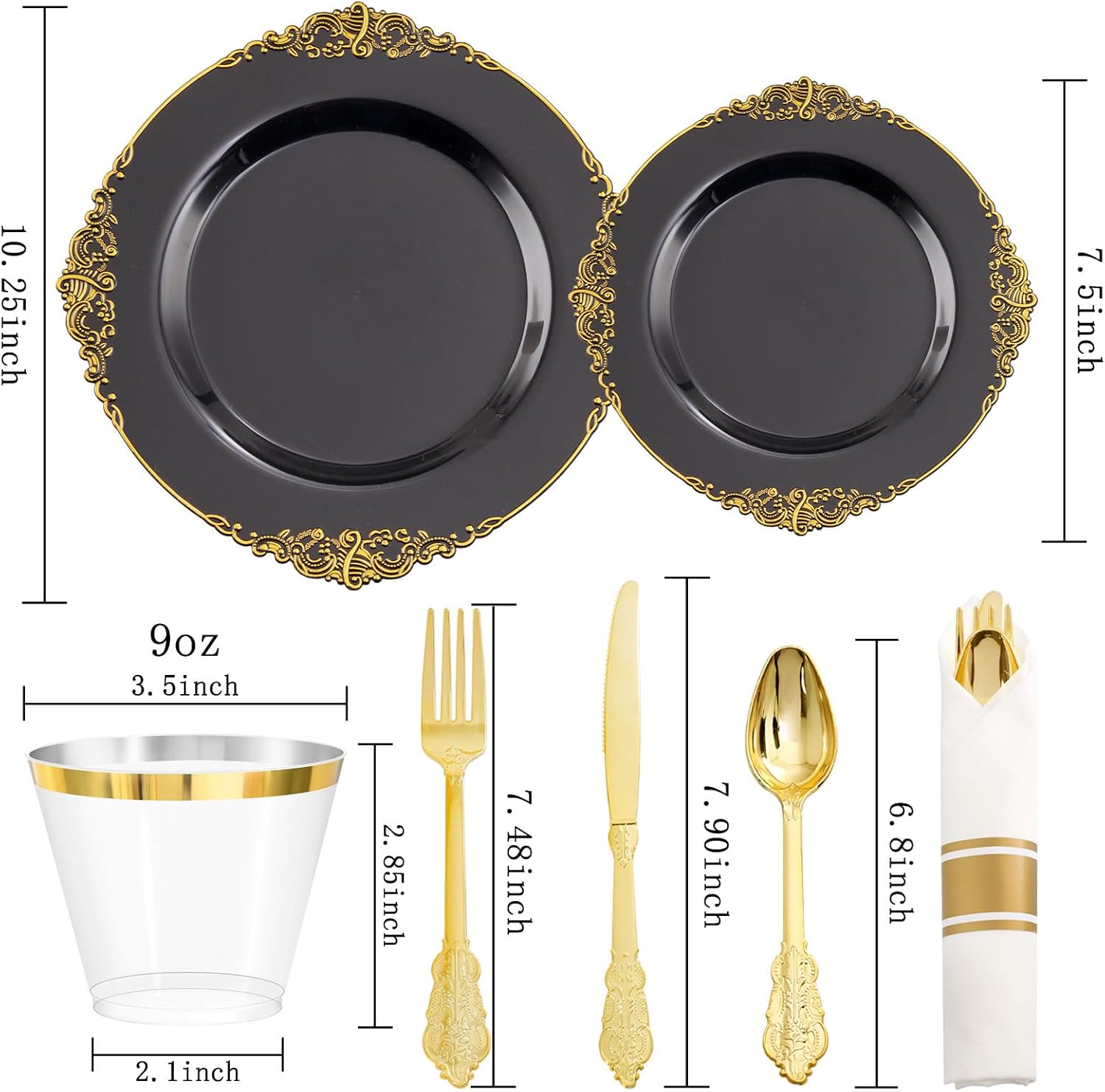 Nervure 175PCS Black Plastic Plates - Black Gold Plates & Pre Rolled Napkins with Cutlery 50PCS Black Plastic Bowls with Gold Rim - 12oz Disposable Soup Bowls