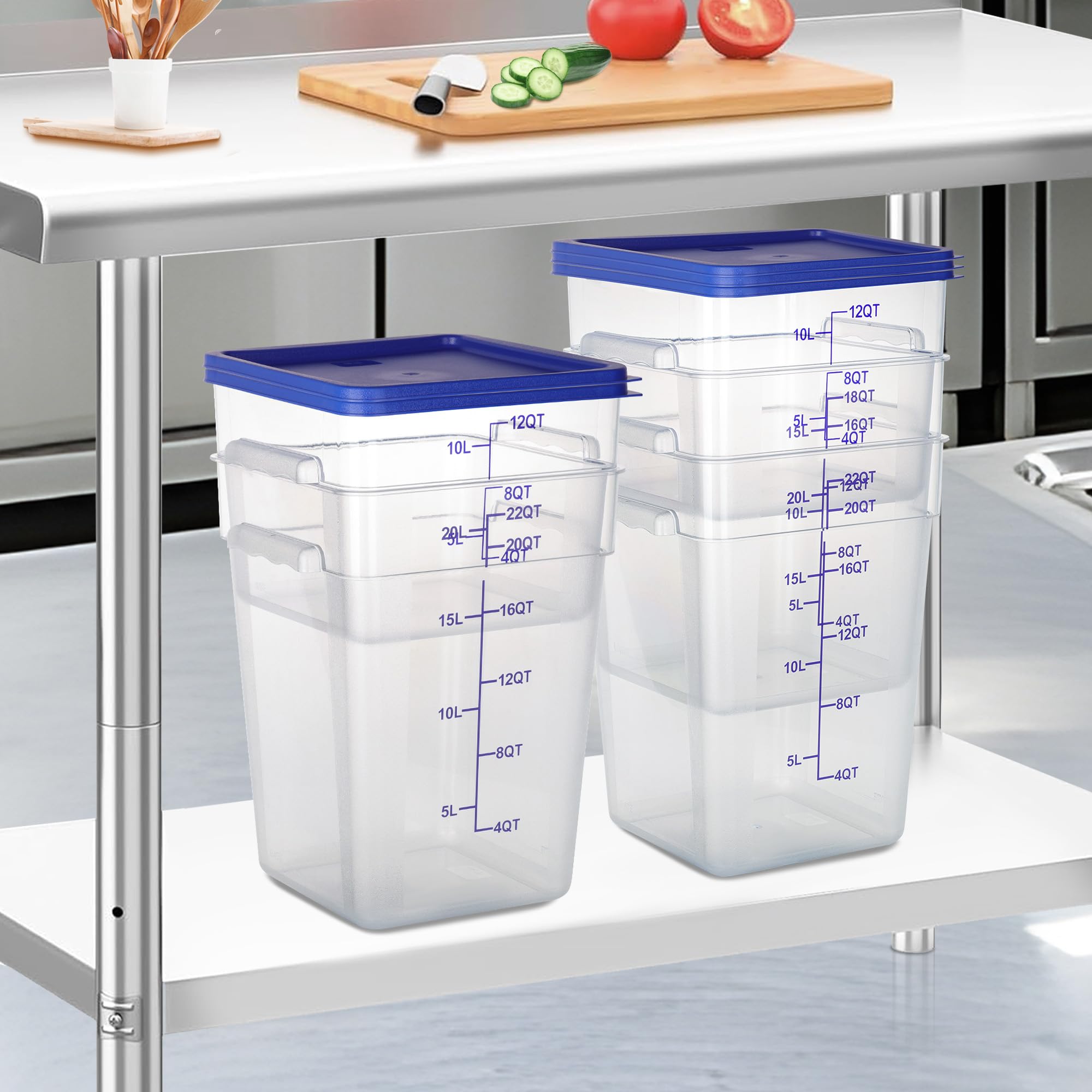 Paquete de 4 recipientes transparentes para almacenamiento de alimentos con tapas y asas, contenedores cuadrados de policarbonato para alimentos, NSF (12 cuartos de galón)