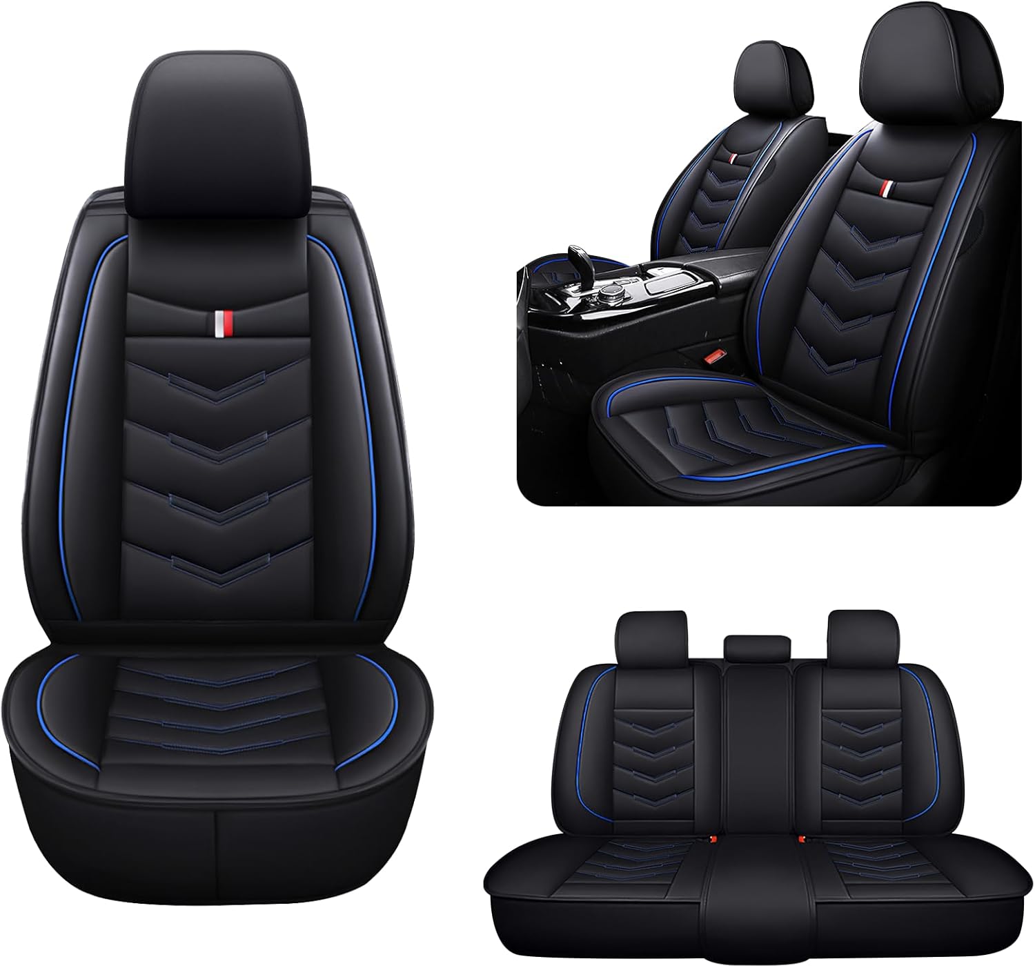 Seat Covers for Ford Mustang 2006-2026, Waterproof Leather Auto Seat Cover (5 Seat Standard,Black-Blue)