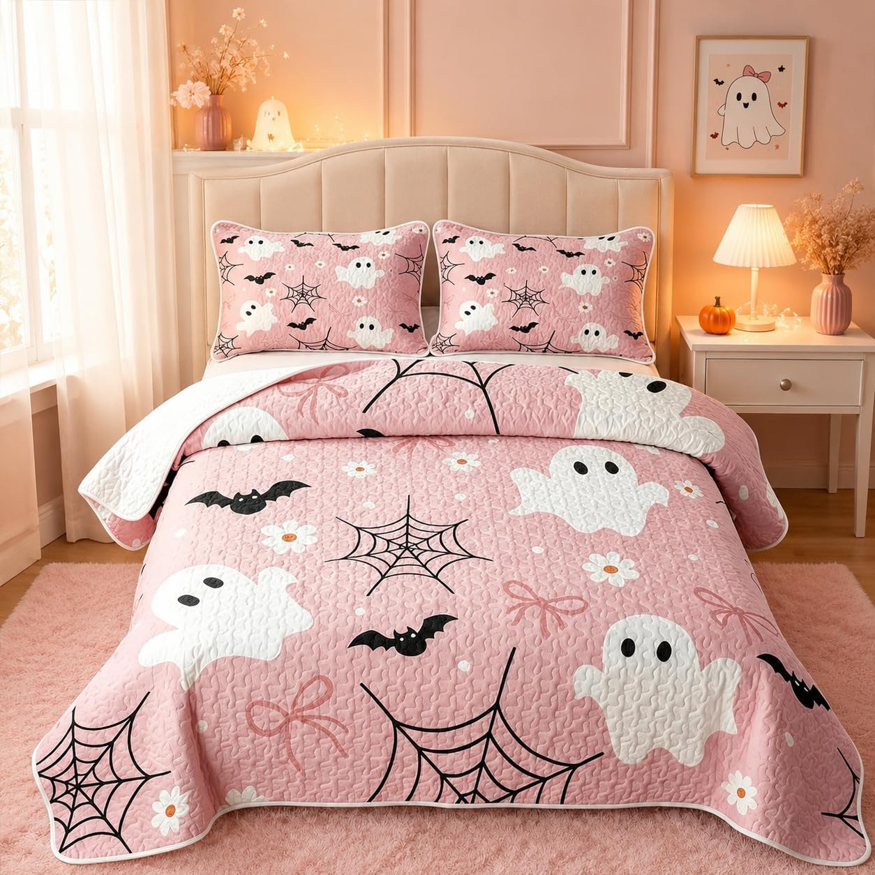 Feelyou Halloween Decor Quilt Set 3 Pieces King Size Ghost Quilted Bedding for All Season Pastel Kids Boys Girls Bedspread Coverlet Set with 2 Pillowcases