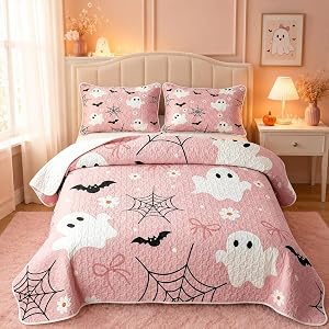 Feelyou Halloween Decor Quilt Set 2 Pieces Twin Size Ghost Quilted Bedding for All Season Pastel Kids Boys Girls Bedspread Coverlet Set with 1 Pillowcase