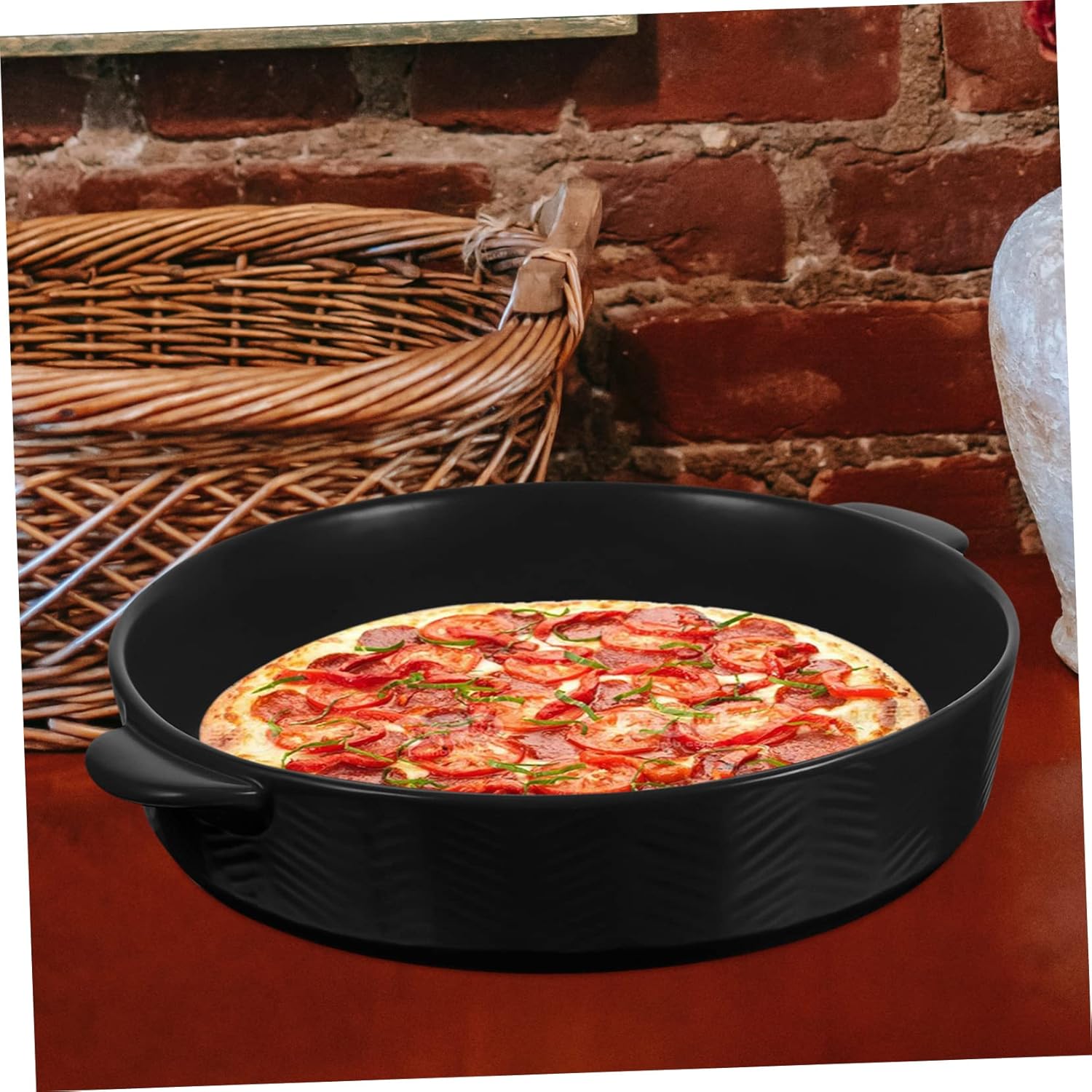 Ceramic Baking Dish with Double Handles Versatile Round Bakeware for Pies Casseroles and Roasting Vegetables Safe for Oven and Microwave Use for Home and Restaurant Settings