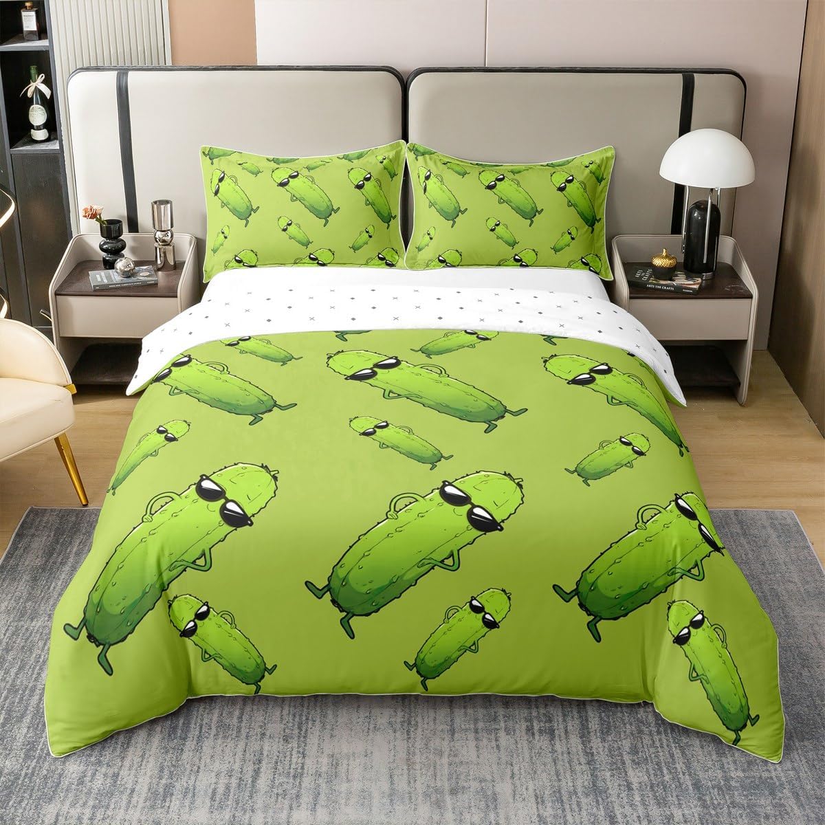 jejeloiu Kids Pickles Bedding Set Full Cute Pickles Bedding Duvet Cover 100% Cotton Set for Boys Decor Cucumber Print Comforter Cover Set Green Vegetable Bedspread Cover Bedroom Quilt Cover 3Pcs