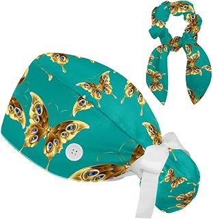 Set of 2 Bouffant Caps with Hairband Surgical Caps Scrub Cap, Floral Pattern Butterflies