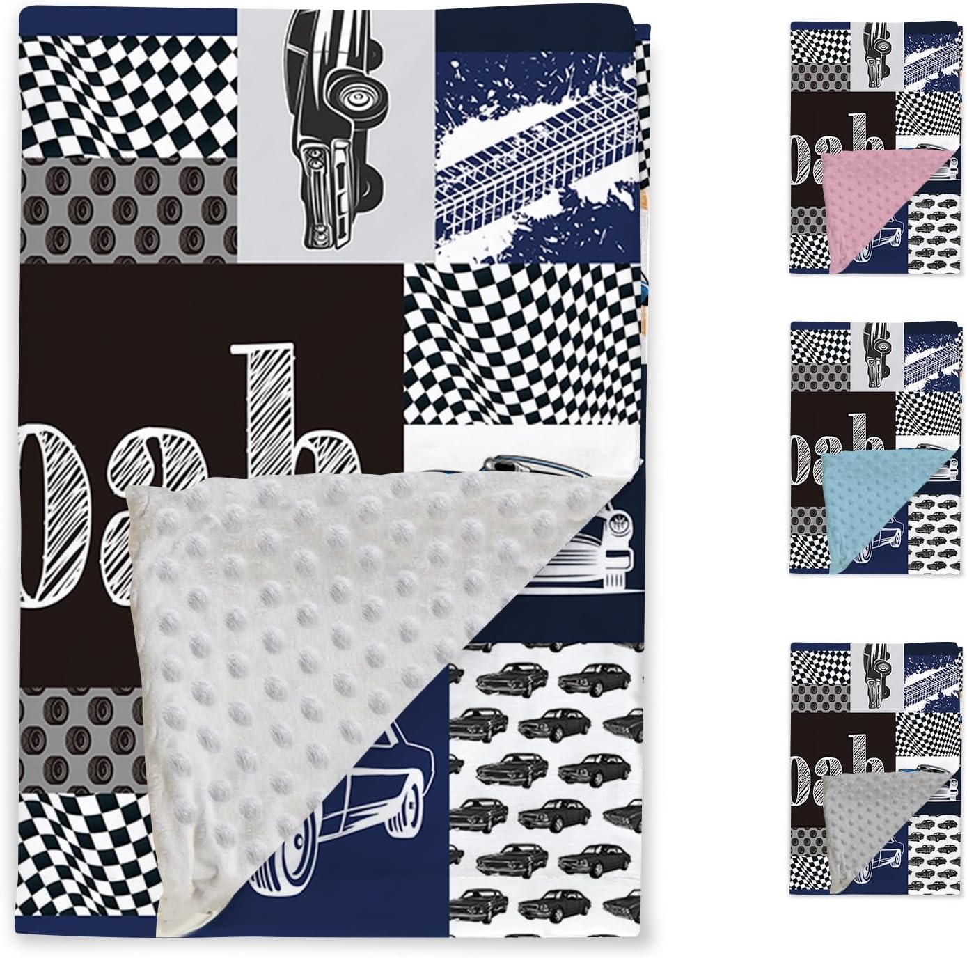 Personalized Car Blanket for Kids, Custom Name Patchwork Blankets, Soft Plush Motor Vehicles Plaid Flannel Blanket with Double Layer Dotted Backing, Gifts for Boys Girls Baby Color01