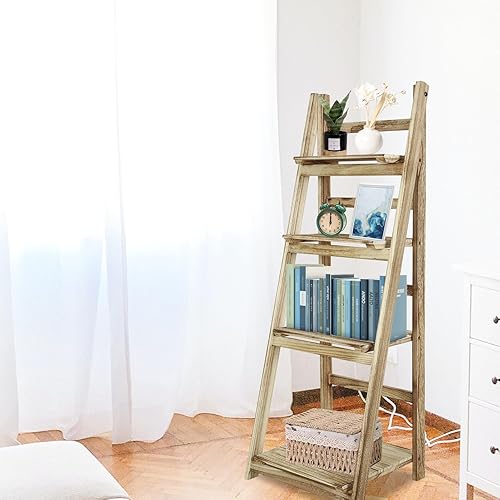 Miniatura 2 de Babion Estante de escalera de 4 niveles, estante de escalera para plantas, estantes plegables marrones, estante de madera, soporte independiente