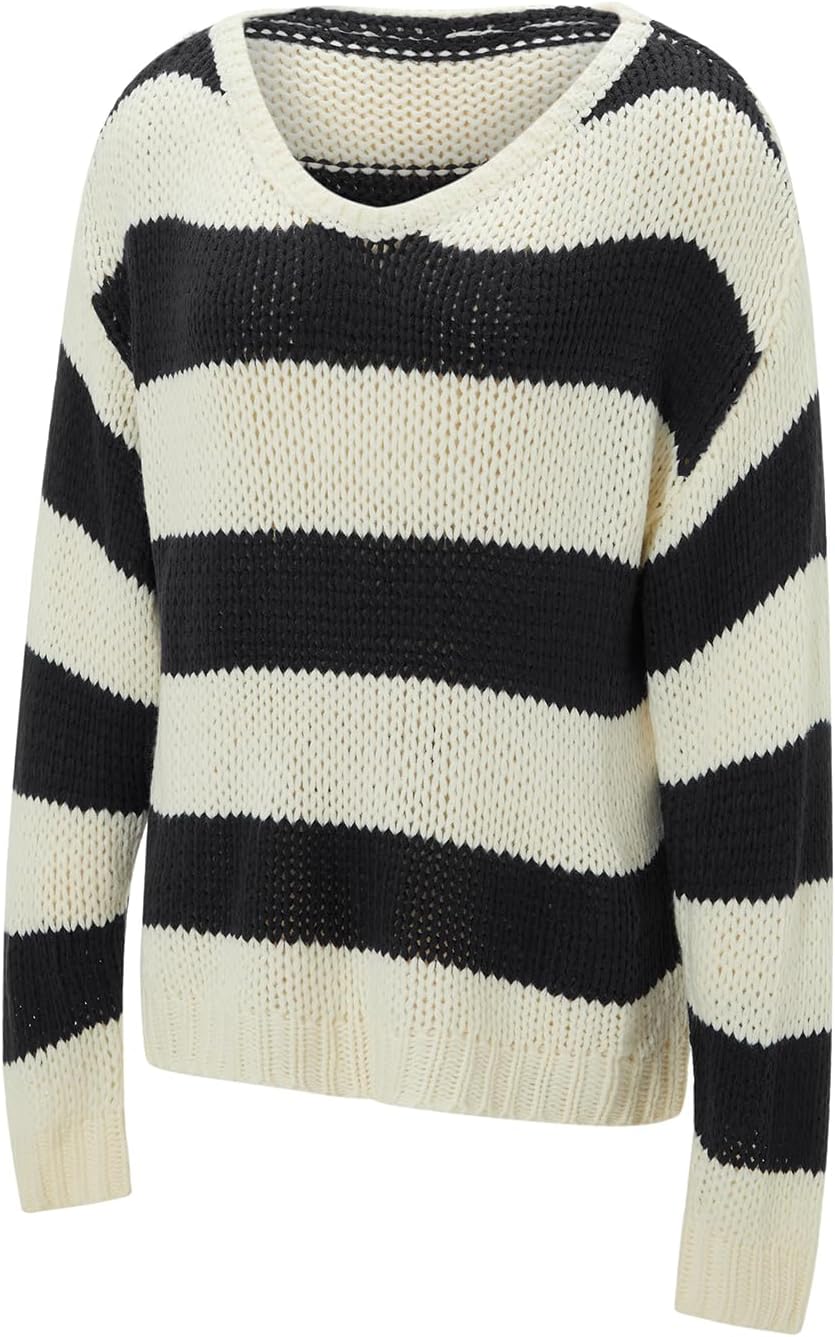 Women Striped Color Block Pullover Sweater Long Sleeve Crewneck Oversized Tops Fall Winter Warm Knitted Loose Outfit - Image 7