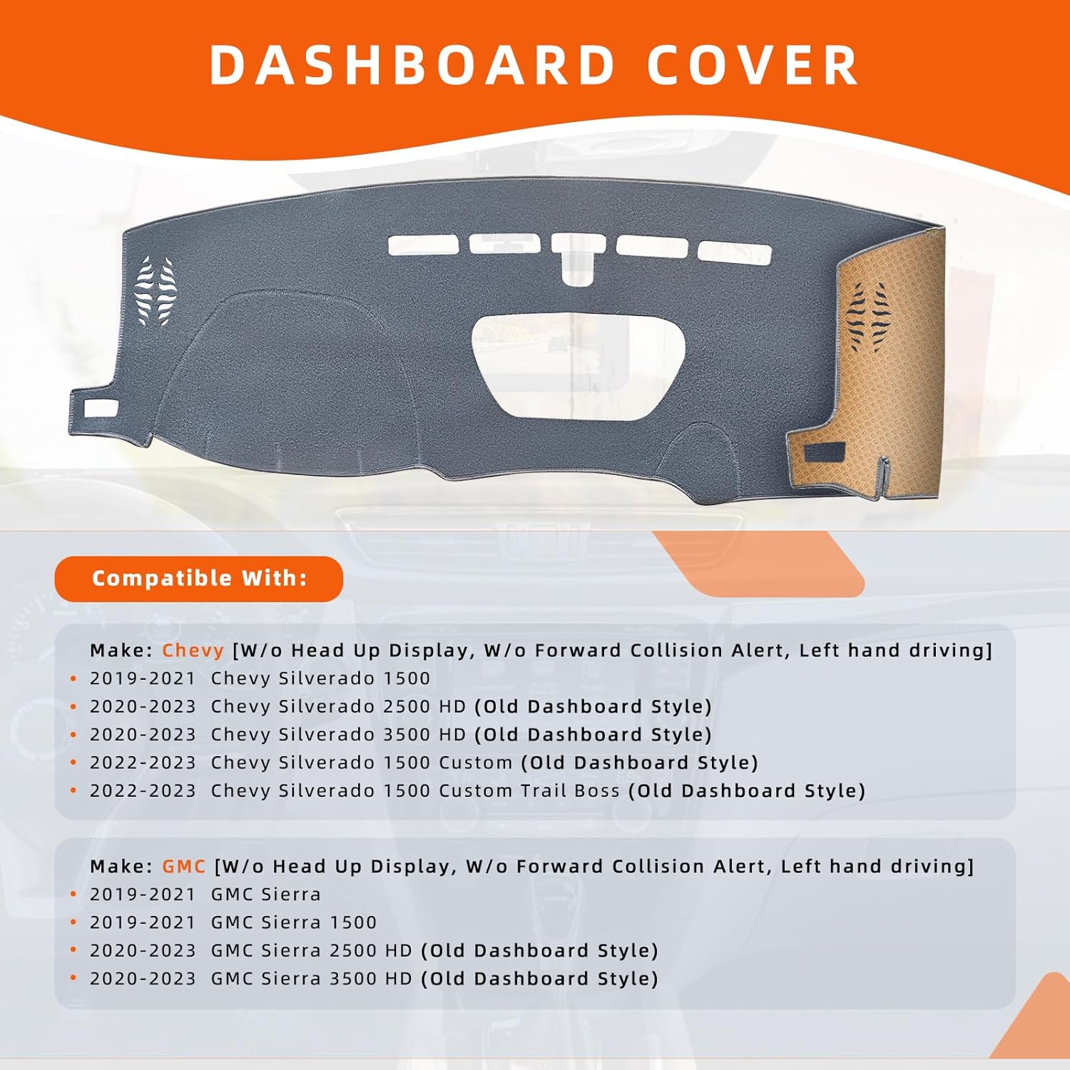 KEYOOG Dashboard Cover Dash Mat Fit for 2021-2019 Chevy Silverado 1500,G-MC Sierra 1500 (Without HUD Models),Car Dash Board Mat Anti-Glare Carpet,Non-Slip Pad Sunshield Protector (Grey)