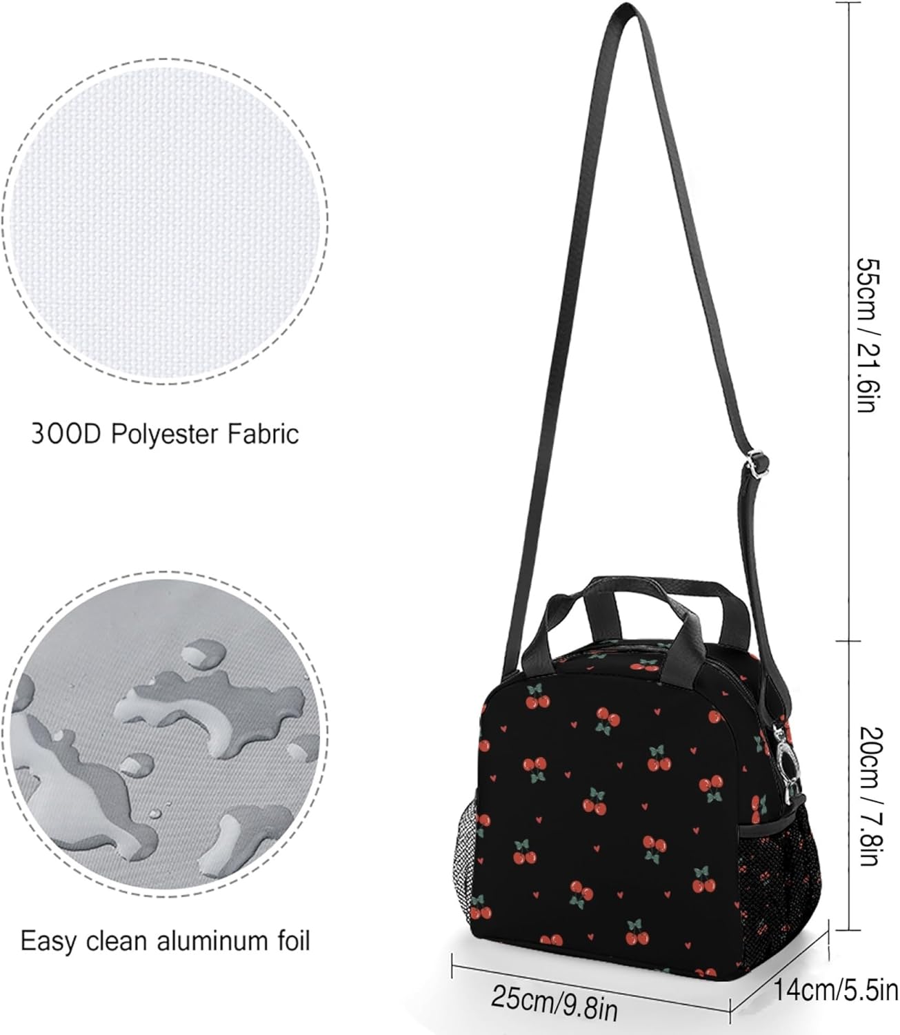 Lunch box Kids,Insulated Cherry Lunch Bag Cute Small Reusable Leakproof Lunch Totebag With Shoulder Strap for Girls Boys Women School Work Picnic (black) - Image 3