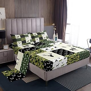 Erosebridal Army Green Camouflage Sheet Set, Camo Deer Silhouette Fitted Sheet-Deep Pocket for Kids Boys Teens Antlers Boho Arrows Bed Sheets Geometry Grid Militarily Top Sheet 4 Pieces, Full Size