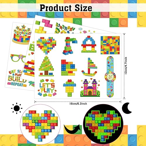 Miniatura 2 de Qpout 95 piezas de bloques de construcción que brillan en la oscuridad, tatuajes temporales para niños, 8 hojas de ladrillos de construcción,