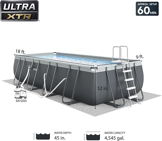 INTEX Ultra XTR 18 ft x 9 ft 52 in Above Ground Pool Set, Rectangular Swimming Pool with Steel Frame, 1500 GPH Sand Filter Pump, Ladder, Cover, Ground Cloth