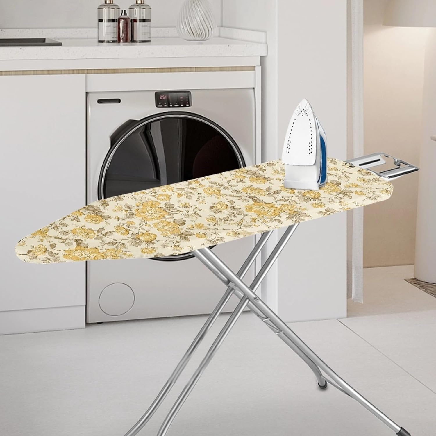 Padded Ironing Board Covers 18 X 49 Yellow Gray Flower Ironing Board Pad and Cover Thick Replacement Drawstring Tightening & Lock, Easy Fit, Scorch & Stain Resistant, Non Slip