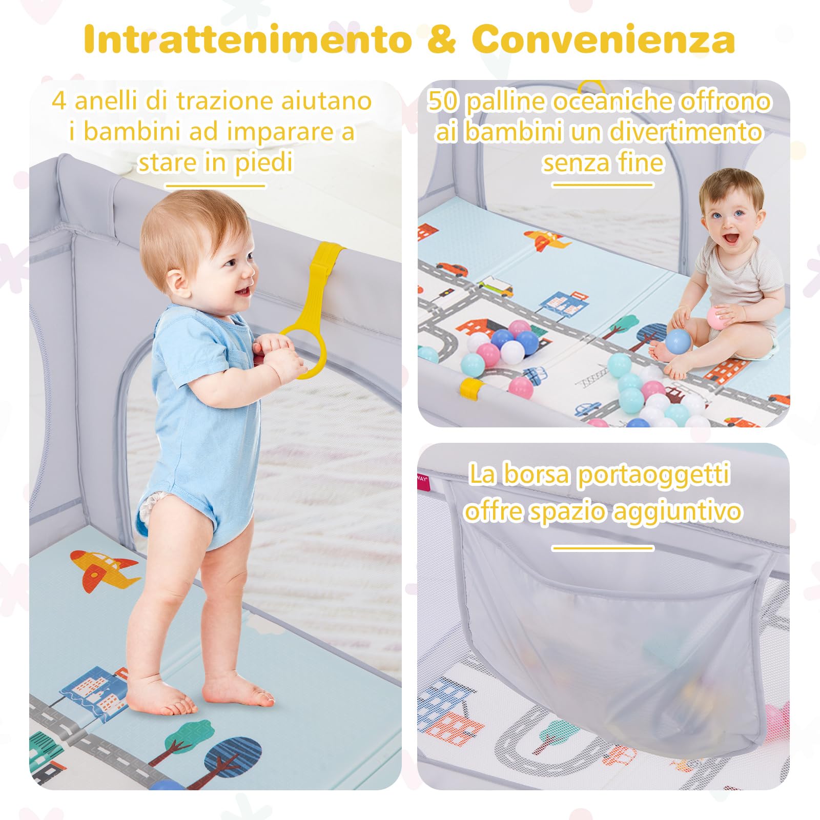 COSTWAY Box per Bambini con Materassino, Recinto per Bambini con 4 Anelli e 50 Palline Colorate, Rete Traspirante, Tasca e Borsa, Box Giochi per Bambino 0-3 Anni (Grigio Chiaro, 189 x 158 cm)