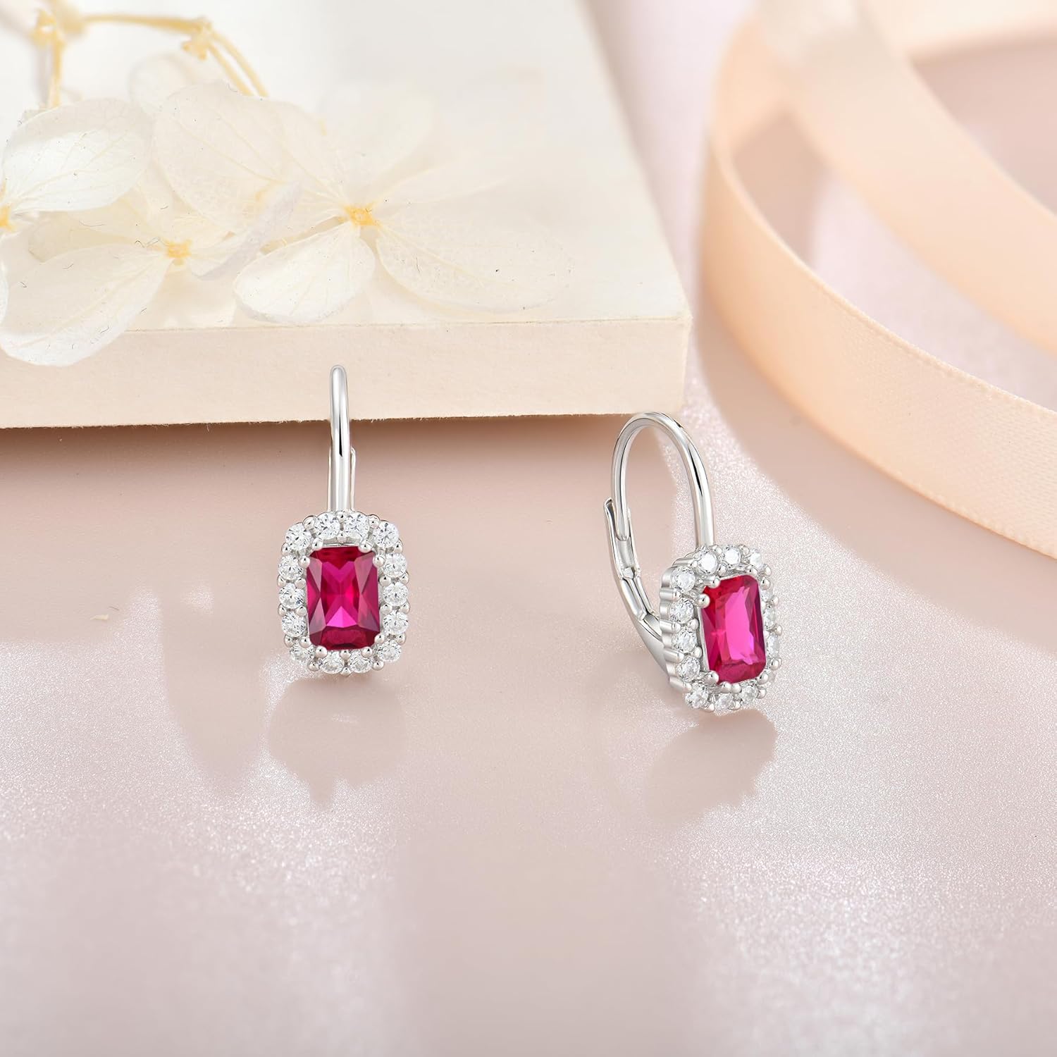 Rectangle Birthstone Earring for Women Cubic Zirconia Halo Drop Earrings, 925 Sterling Silver Emerald Cut Dainty Women's Jewelry Gift - Image 4