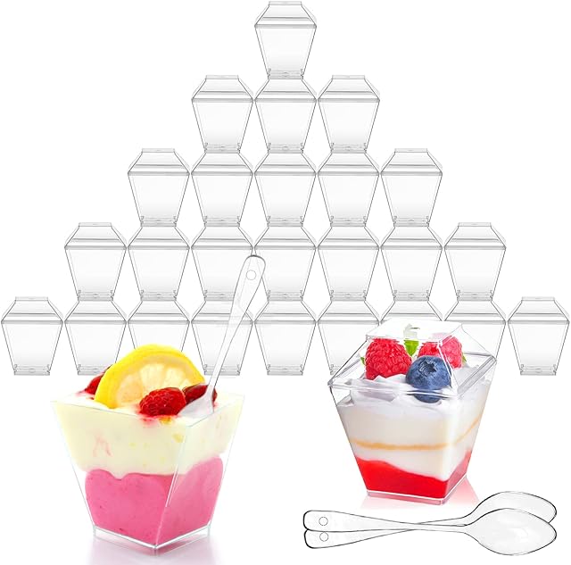 Echify Mini Dessert Cups - 50Pcs 2oz | 60ml Reusable Dessert Cups with Lids & Spoons Plastic Dessert Pots Parfait Appetizer Cups Cheesecake Pots Dessert Bowl for Fruit Mousse Pudding Party