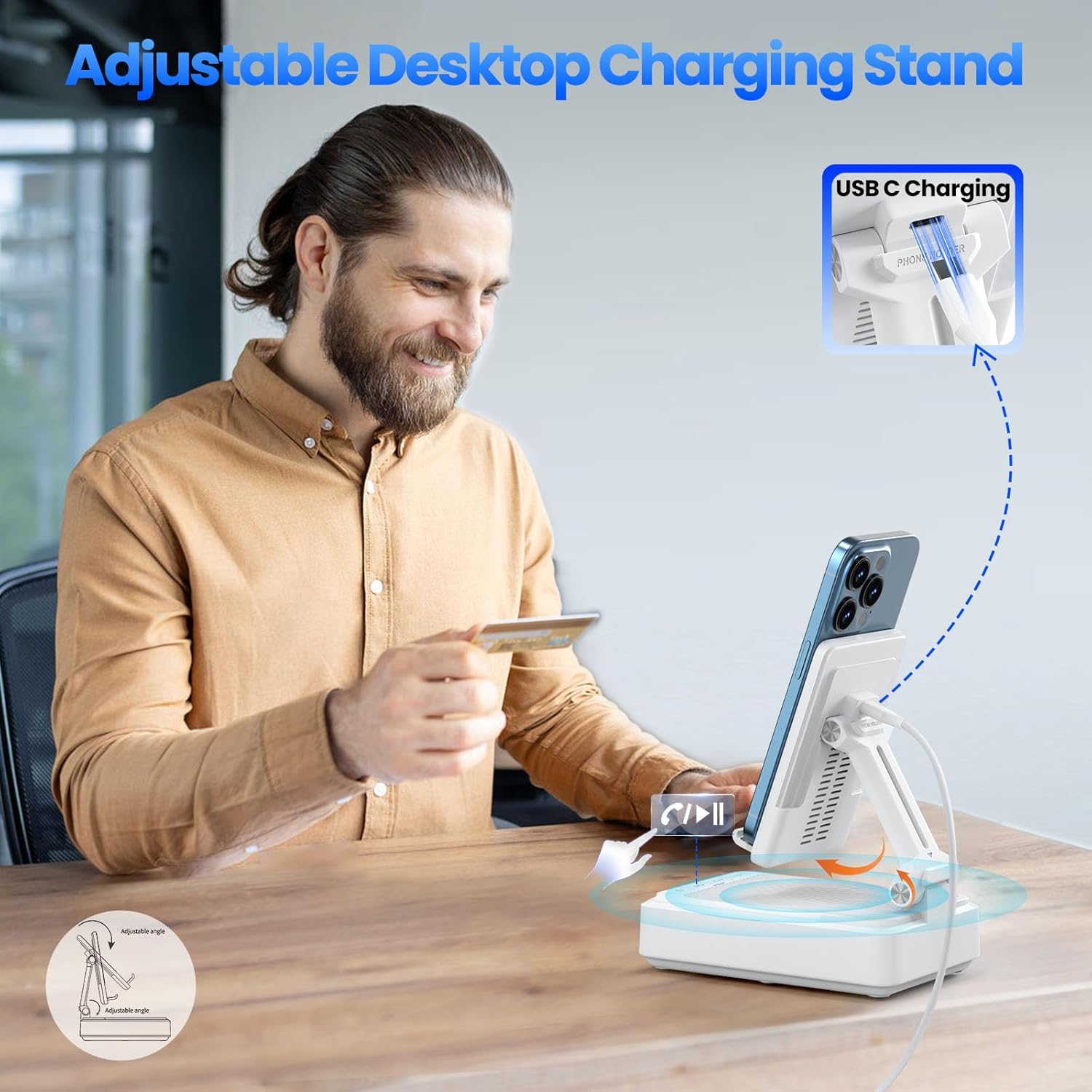 Jteman Cell Phone Stand with Bluetooth Speaker and Wireless Charger,Desktop Charging Station Stand Speaker for iPhone,Christmas Birthday Gift for Men Women (White)