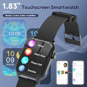 TRAUSI Smartwatches for Men and Women, 1.8 inch HD Smartwatch with 120 Sports Modes, Heart Rate/Sleep Monitor, IP67 Waterproof, Bluetooth Call and Music Control for iPhone/Android - Black