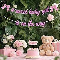 Vista 2 de ALISSAR Cartel de baby shower con lazo rosa para niña – Decoración de fiesta de bebé niña coqueta con purpurina rosa, decoración de fiesta de niña
