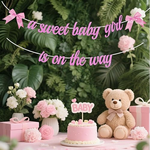 Miniatura 2 de ALISSAR Cartel de baby shower con lazo rosa para niña – Decoración de fiesta de bebé niña coqueta con purpurina rosa, decoración de fiesta de niña