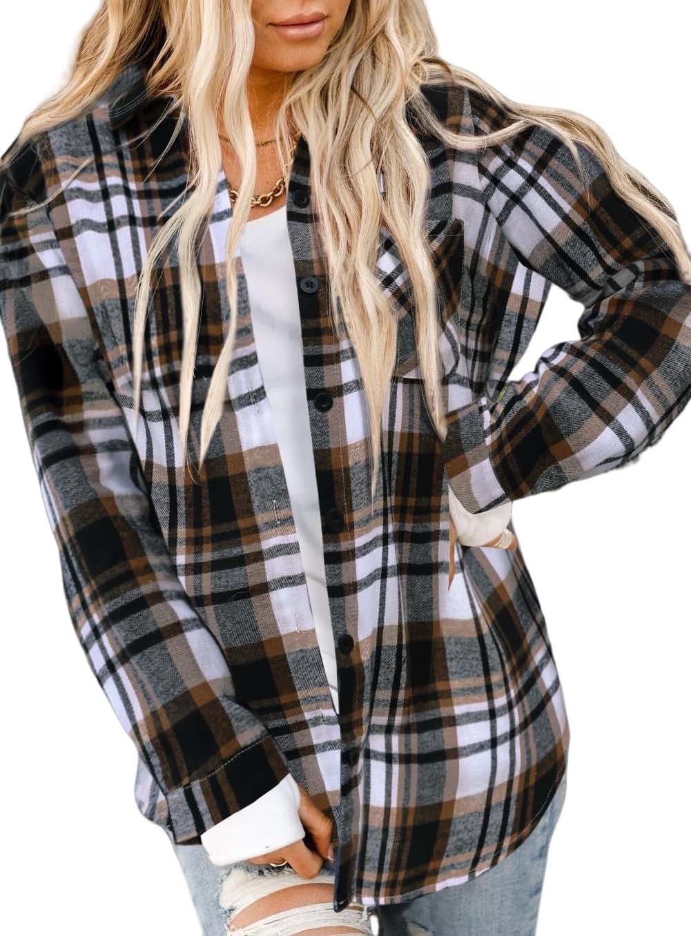 Photo 1 of *MAJOR DAMAGE*
Asiertiy Womens Buffalo Plaid Flannel Button Down Shirts Jackets Plus Size Long Sleeve Blouses Fall Clothes Fashion Outfits