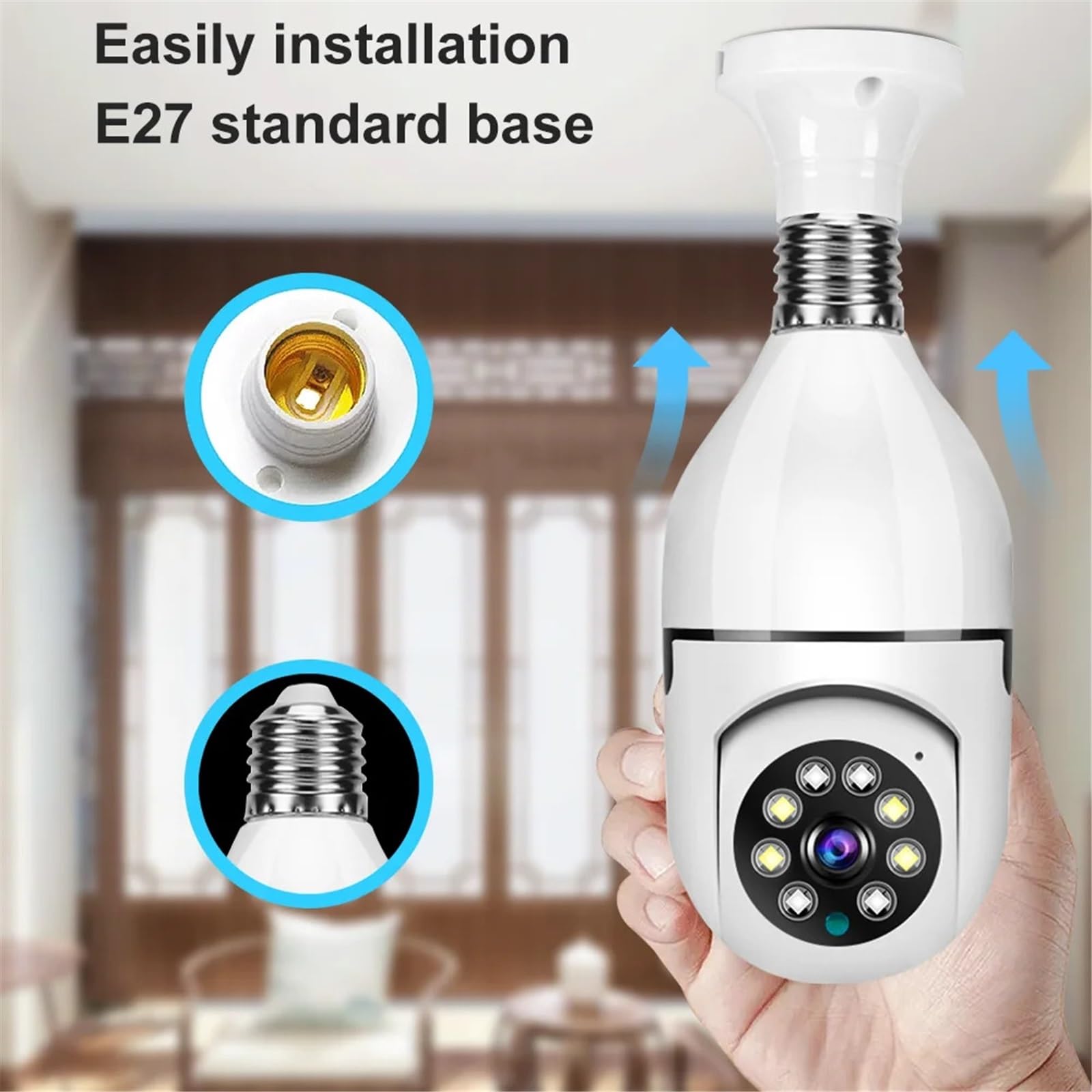 Caméra Ampoule HD E27 Couleur Vision Nocturne WiFi caméra intérieure Alarme vocale Audio bidirectionnel AI Suivi de Mouvement IP,Tranquillité d'esprit Toujours(Cam Add 128G Card)