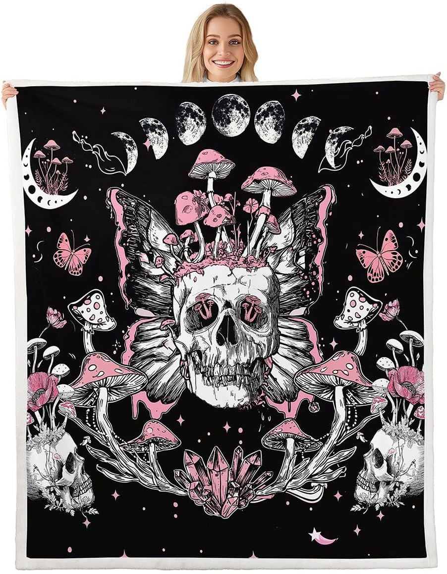 Gothic Skull Throw Blanket for Couch Hippie Butterfly Fleece Blanket for Girls, Trippy Mushroom Sherpa Blanket 40x50 Size Black White Pink Blanket, Horror Death Skeleton Bed Blanket Breathable
