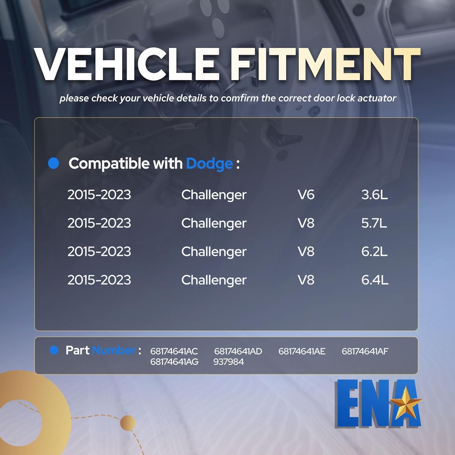 ENA Power Door Lock Latch and Actuator Assembly AWD Front Left Driver Side Compatible with Dodge Challenger 2015 2016 2017 2018 2019 2020 2021 2022 2023 Replacement for 937984 937-984 68174641AD