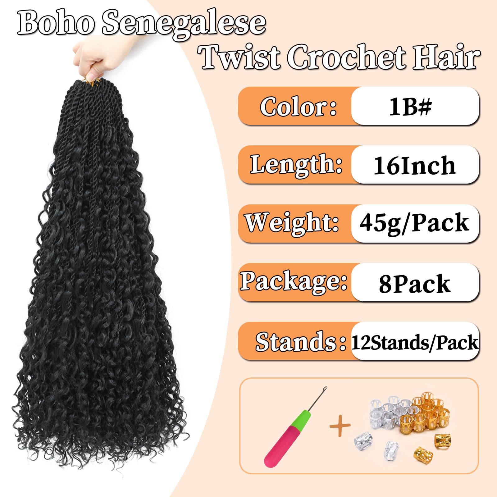 Auxemuen Senegalese Twist Crochet Hair 8Packs Boho Island Twist Crochet Hair with Curly Ends 16Inch Pre Looped Goddess Crochet Twists Hair Extensions for Black Women(1B) - Image 2