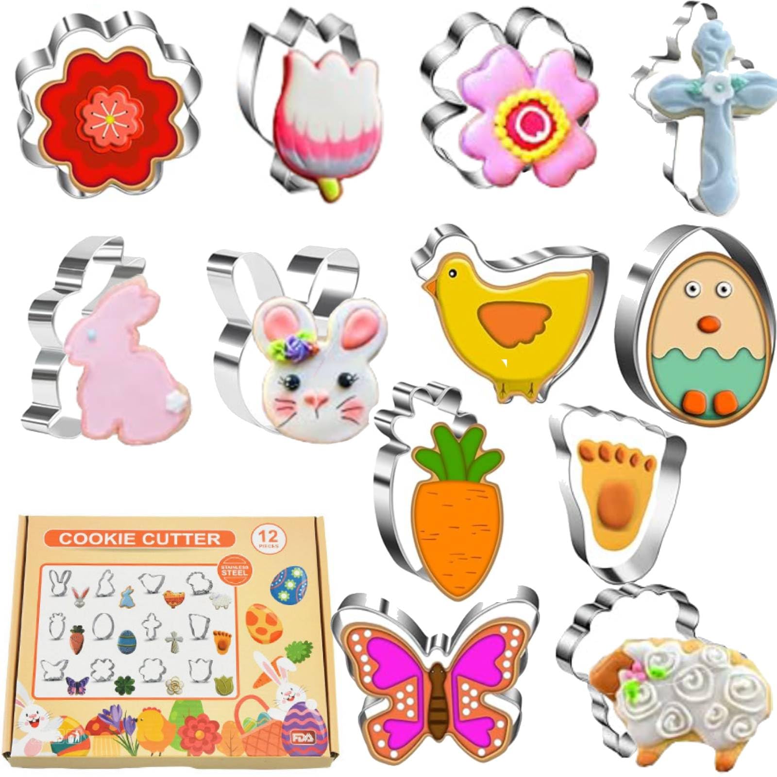 NESLIN 12pcs Easter Cookie Cutters Set, Stainless Steel Cookie Cutters for Easter Rabbit Cookie Cutter Bunny Egg Cross Shamrock Butterfly Tulip Flower Sheep Carrot Shape Cookie Cutter for Easter Party