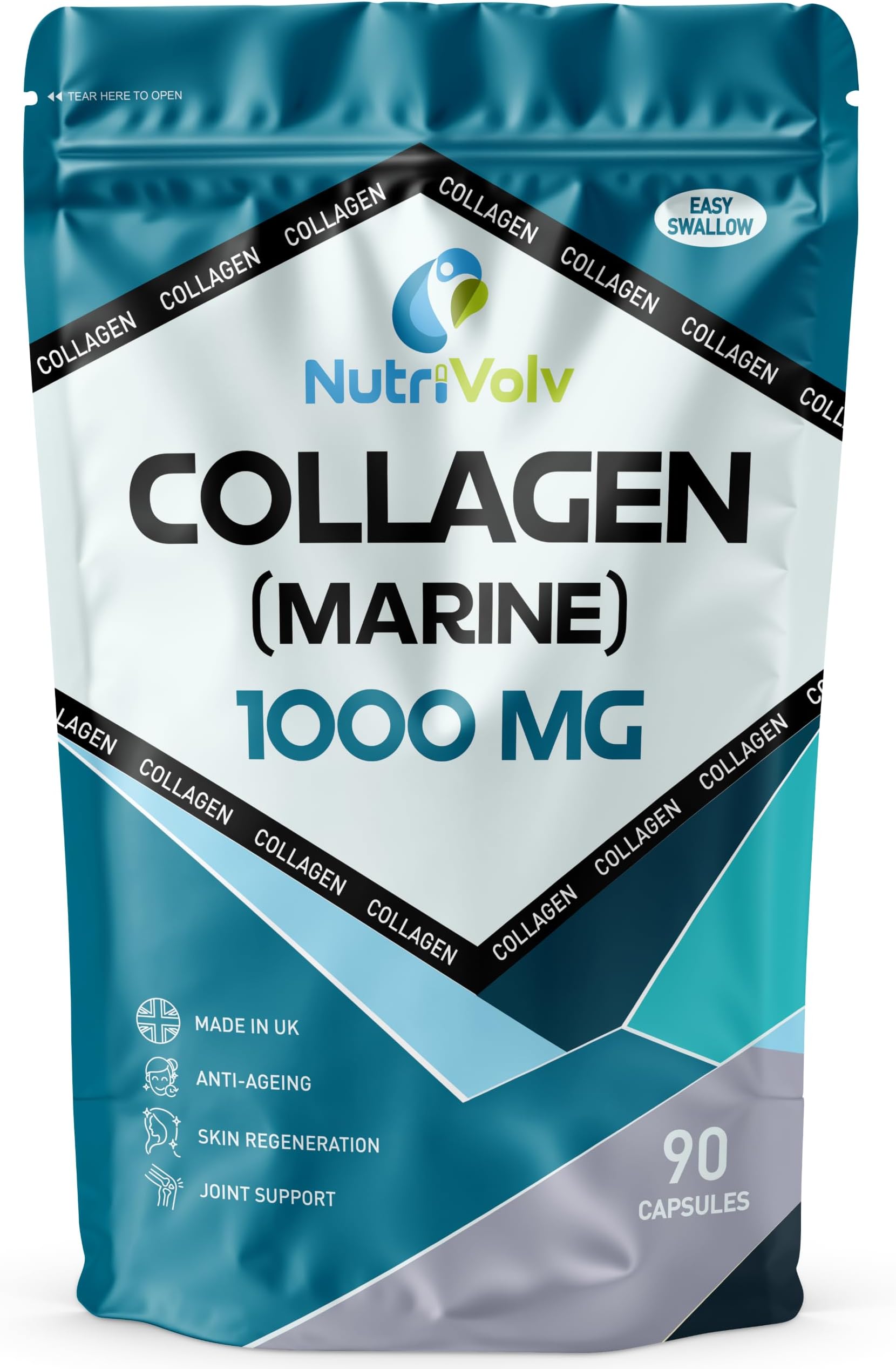 NutriVolv Collagen Marine 1000mg Supplement | Anti-Ageing Support for Skin, Joints, Bones, Muscles & Tissue Health | 90 Capsules | Boosts Skin Elasticity & Joint Mobility