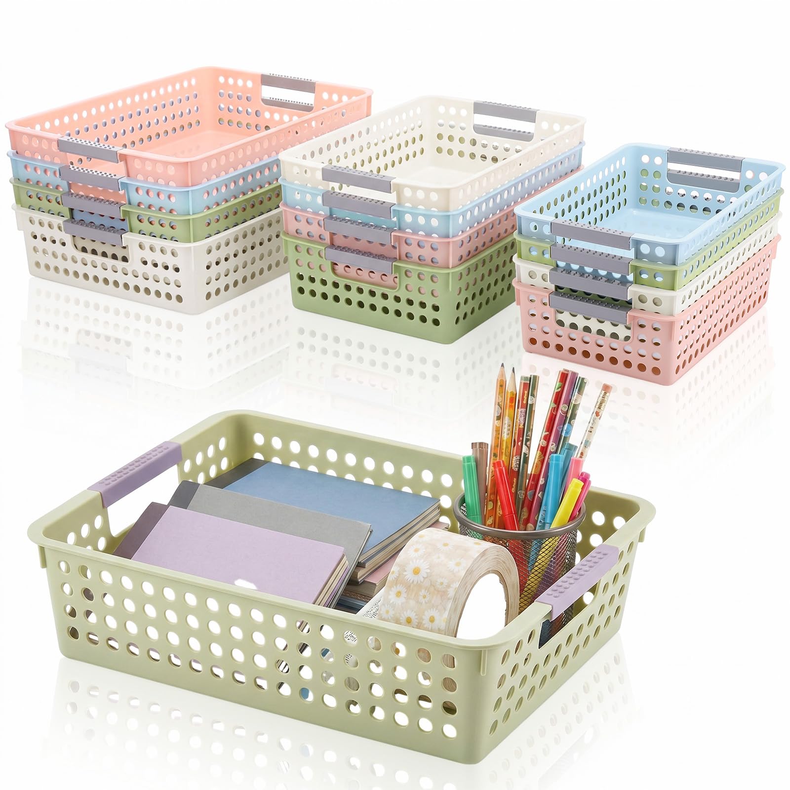 Stapelbare Papierablagen für Klassenzimmer, 3 Größen, bunte Kunststoff-Papierkörbe mit Griffen, Aufbewahrungskorb, Organizer für Schulbedarf, A4, Dokumentenorganisation, 12 Stück