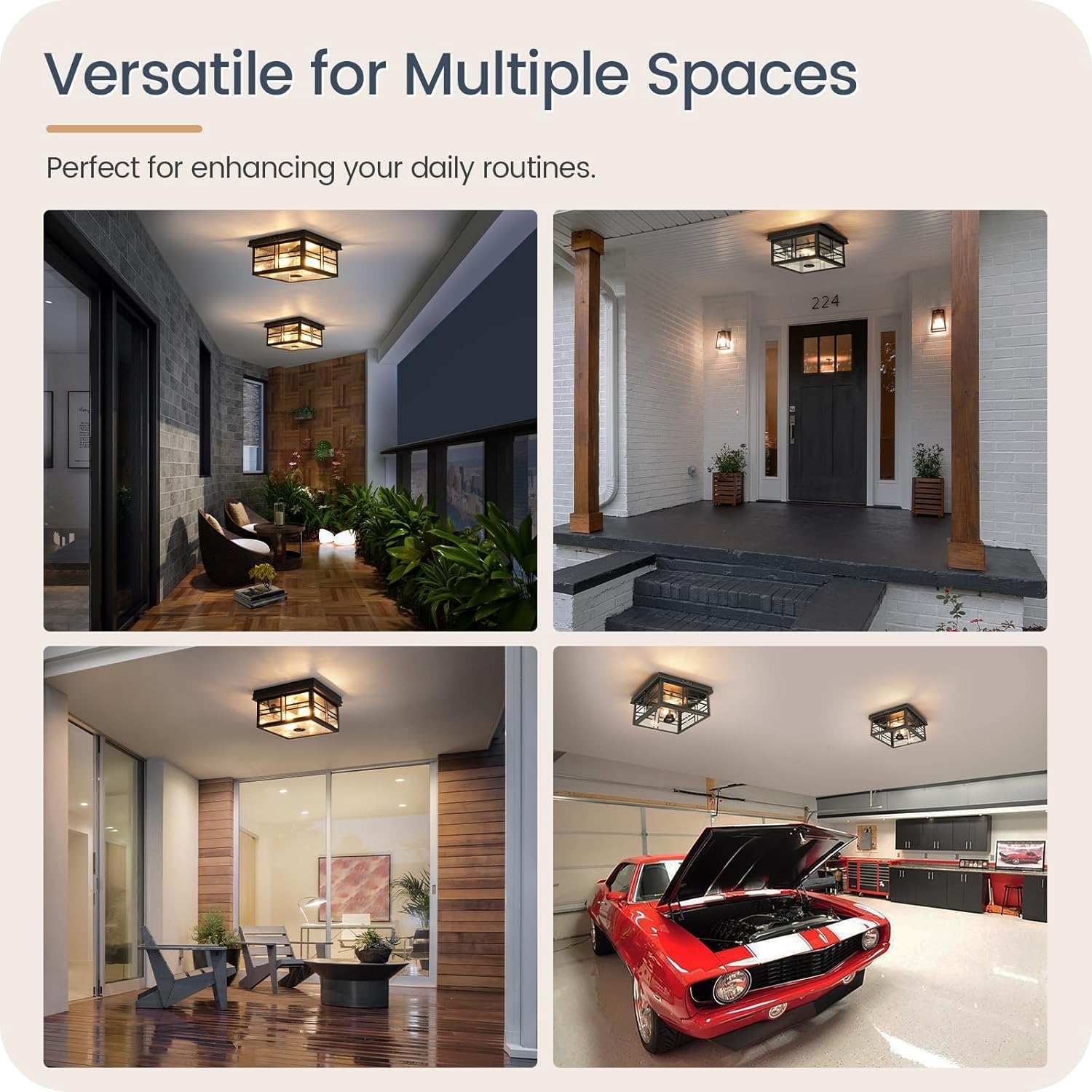 Infrared Sensor Outdoor Ceiling Light, Flush Mount Motion Sensor Ceiling Light, 2-Light Black with Bubble Glass, Bulbs Not Included, 4 Modes, for Porch, Garage, Hallway, Patio,BQ08XD05W1