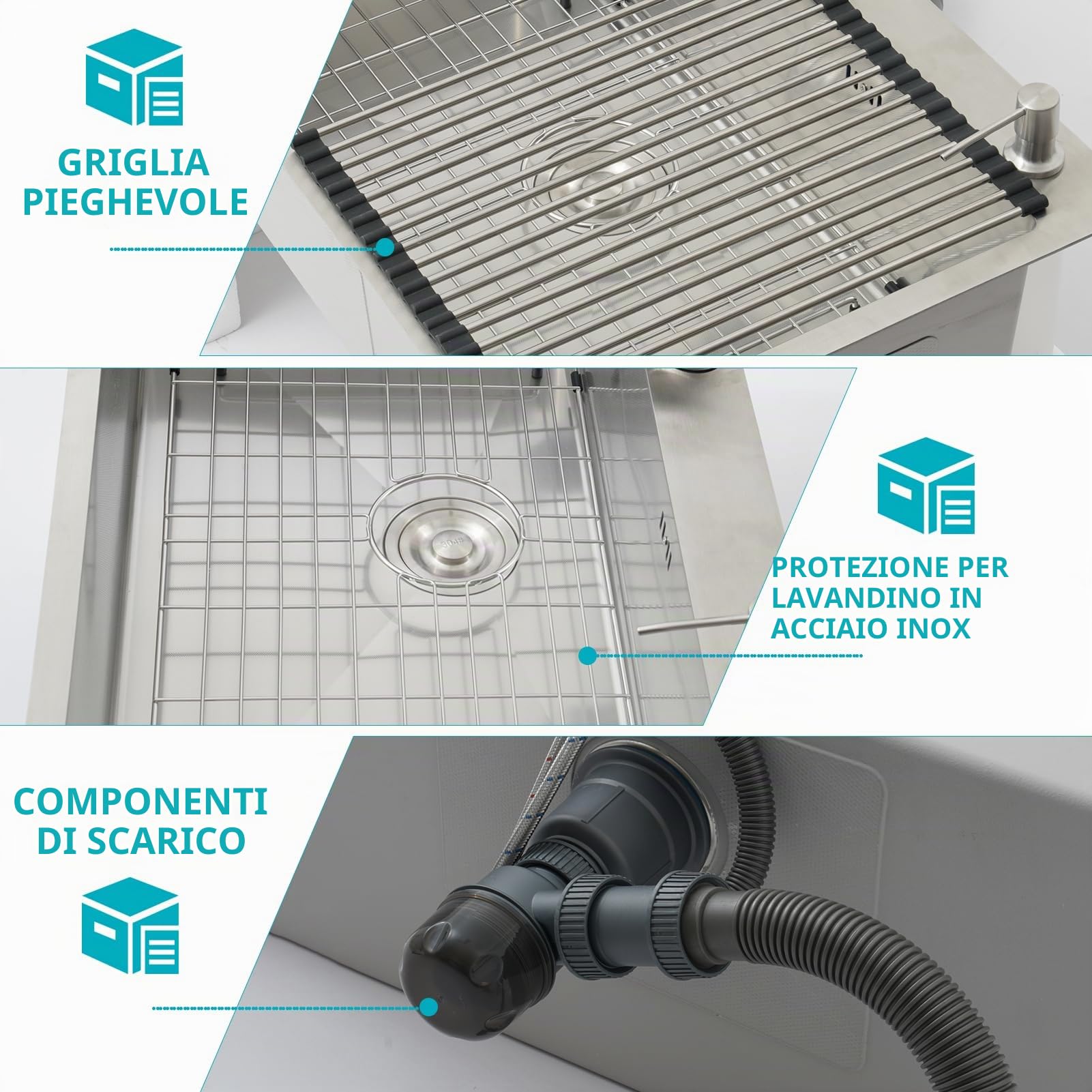 Lavello Cucina 85x50 cm in Acciaio Inox Spazzolato, 1 Vasca con Rubinetto, Set Completo con Scolapiatti, Griglia di Scarico, Dispenser Sapone e Kit di Scarico, Installazione da Appoggio o Sottopiano