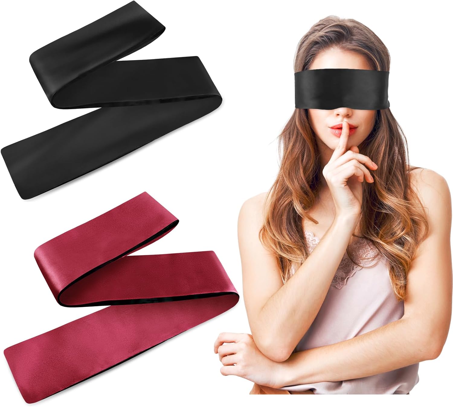 2 Pieces Satin Eye Mask, Soft Sleep Mask Adjustable Eye Cover Blindfold Travel Nap Night Sleep Eye Mask Comfortable Sleeping Blindfold for Women Men Adult Couples (150cm/59inch) (Black+Red)