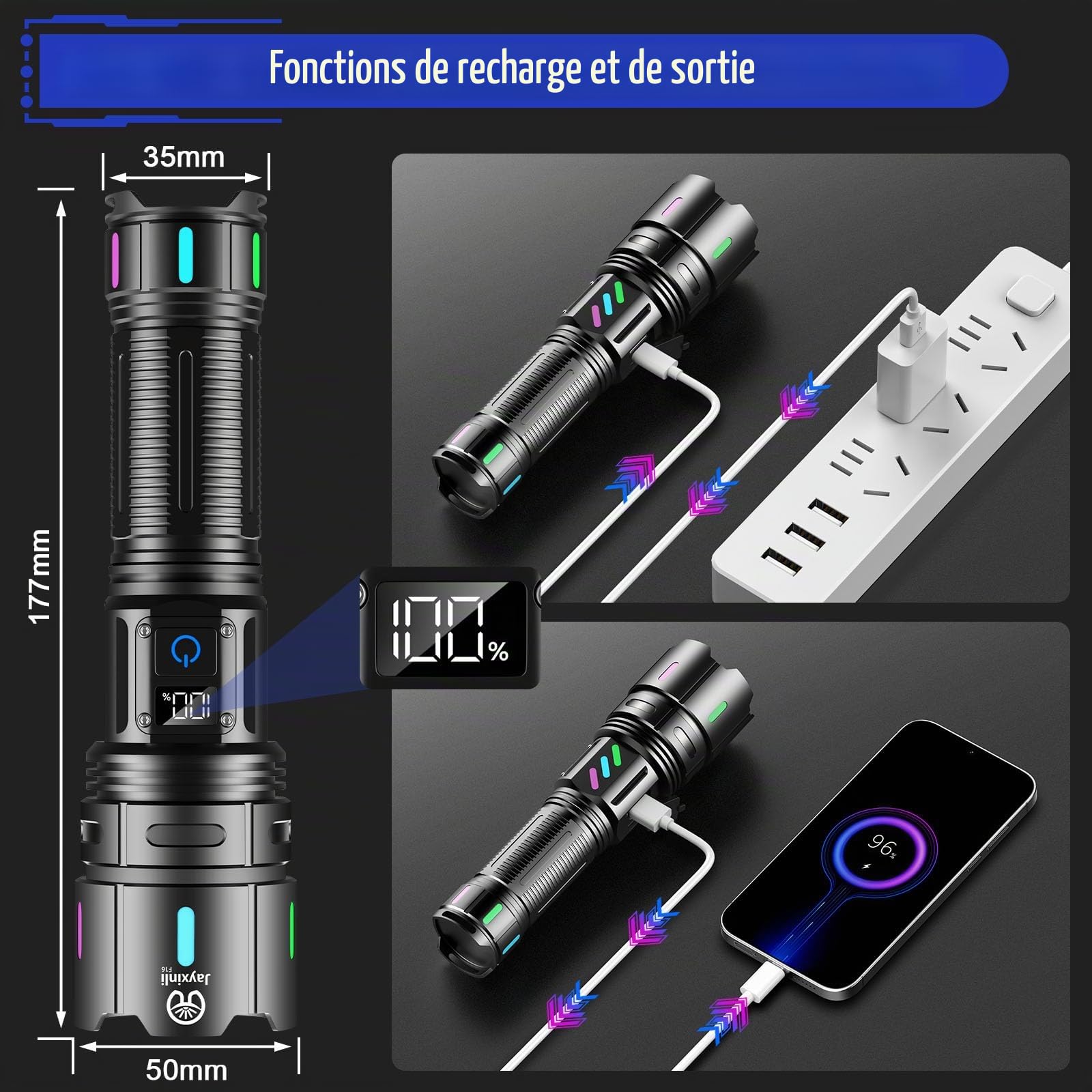 Jayxinli Lampe Torche LED Ultra Puissante 1000000 Lumens - Rechargeable avec Batterie 5000mAh Affichage LCD De La Puissance, 5 Modes, Zoomable, IP67 Étanche pour Camping, Ventures en Plein Air